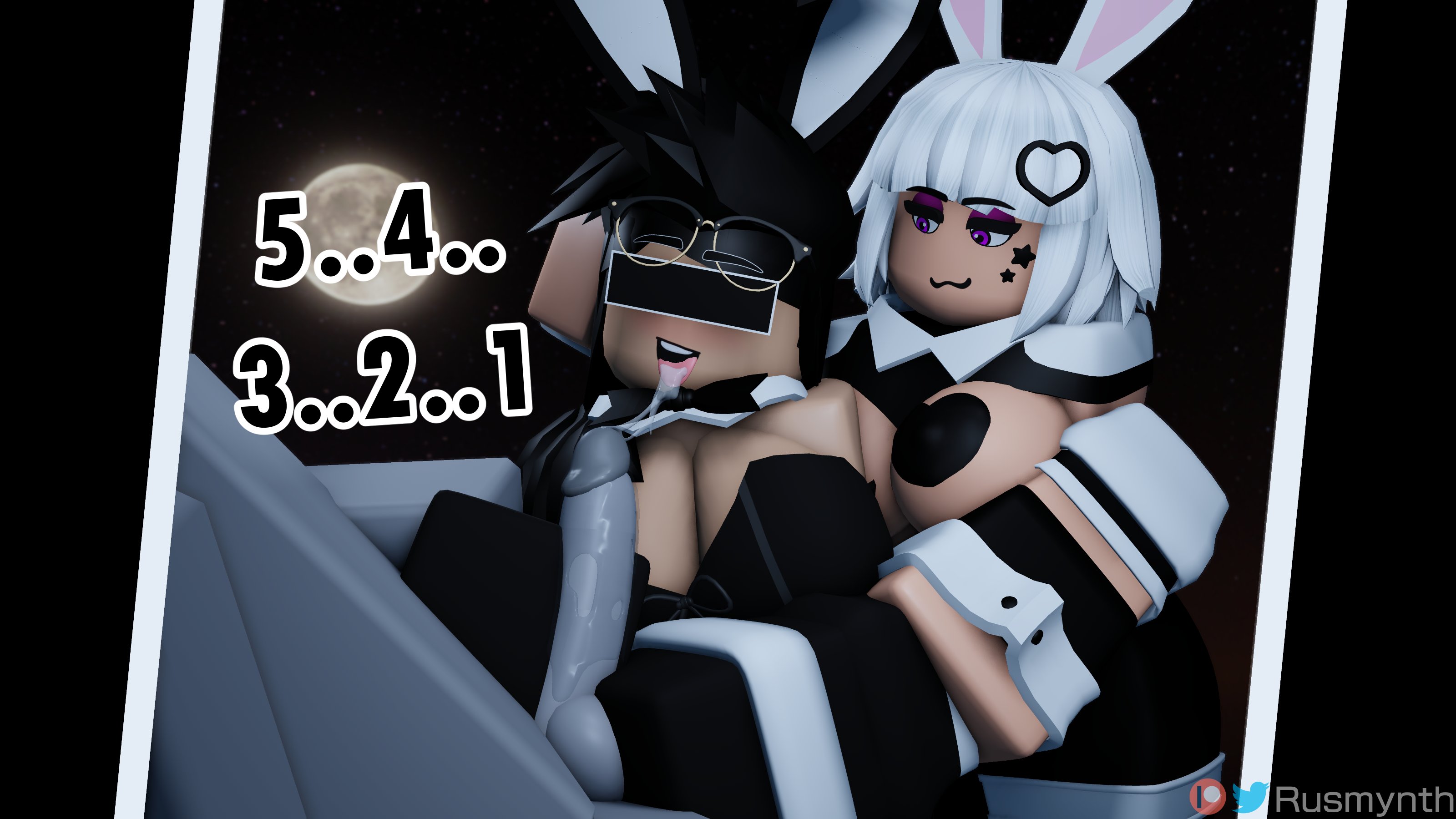 1boy, 2girls, 3d, anon, balls, big breasts, breasts, bunny ears, bunny girl, bunnysuit, censored eyes, cum, cum in mouth, female, iris (rusmynth), male, new year, original character, pasties, patreon username, penis, roblox, robloxian, rusmynth, saliva, sylvia (rusmynth), tagme, twitter username, watermark