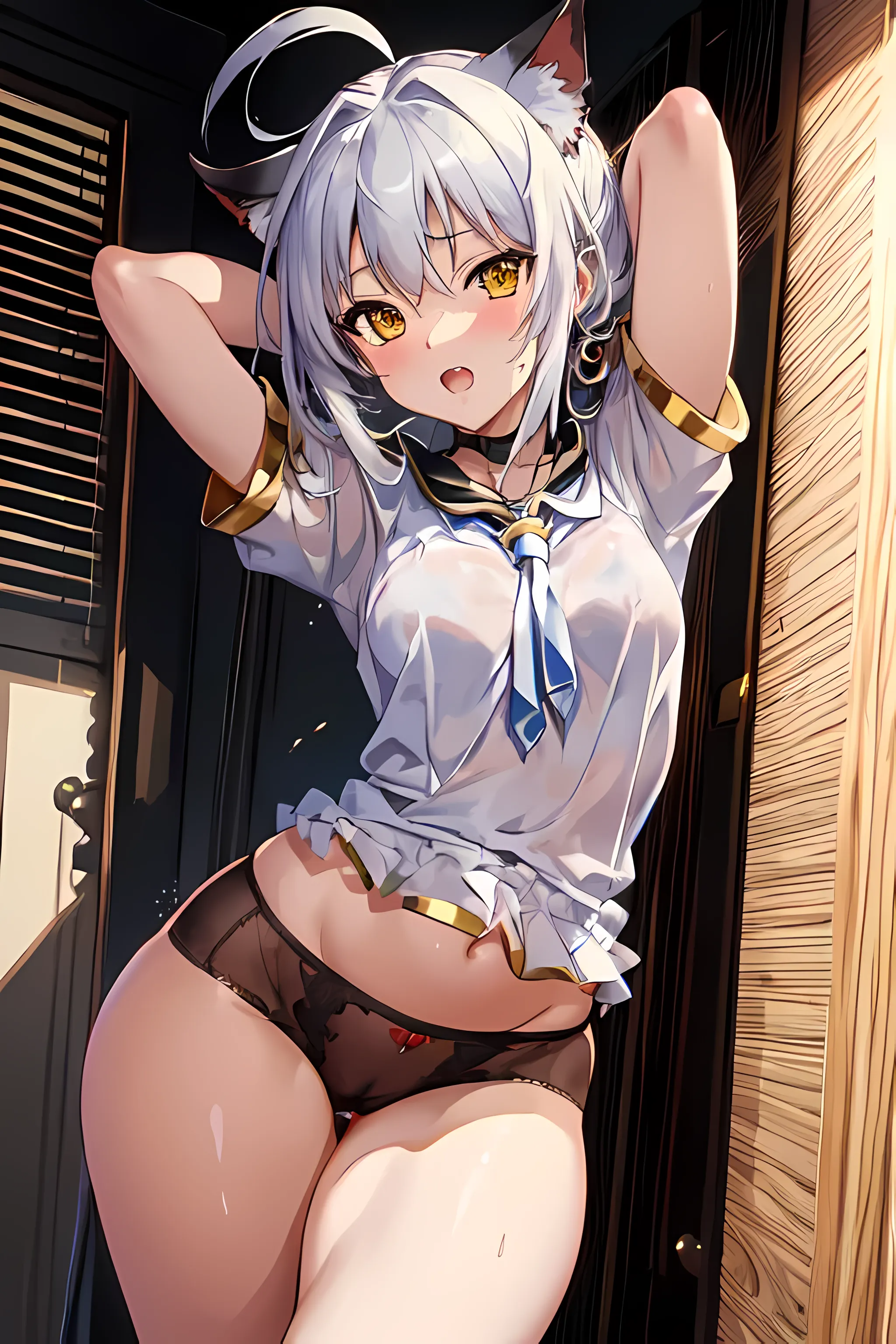ai generated, blush, cat ears, cat girl, catgirl, female, gold eyes, golden eyes, high school dxd, koneko toujou, panties, pregnant, pregnant belly, pregnant female, sailor uniform, white hair