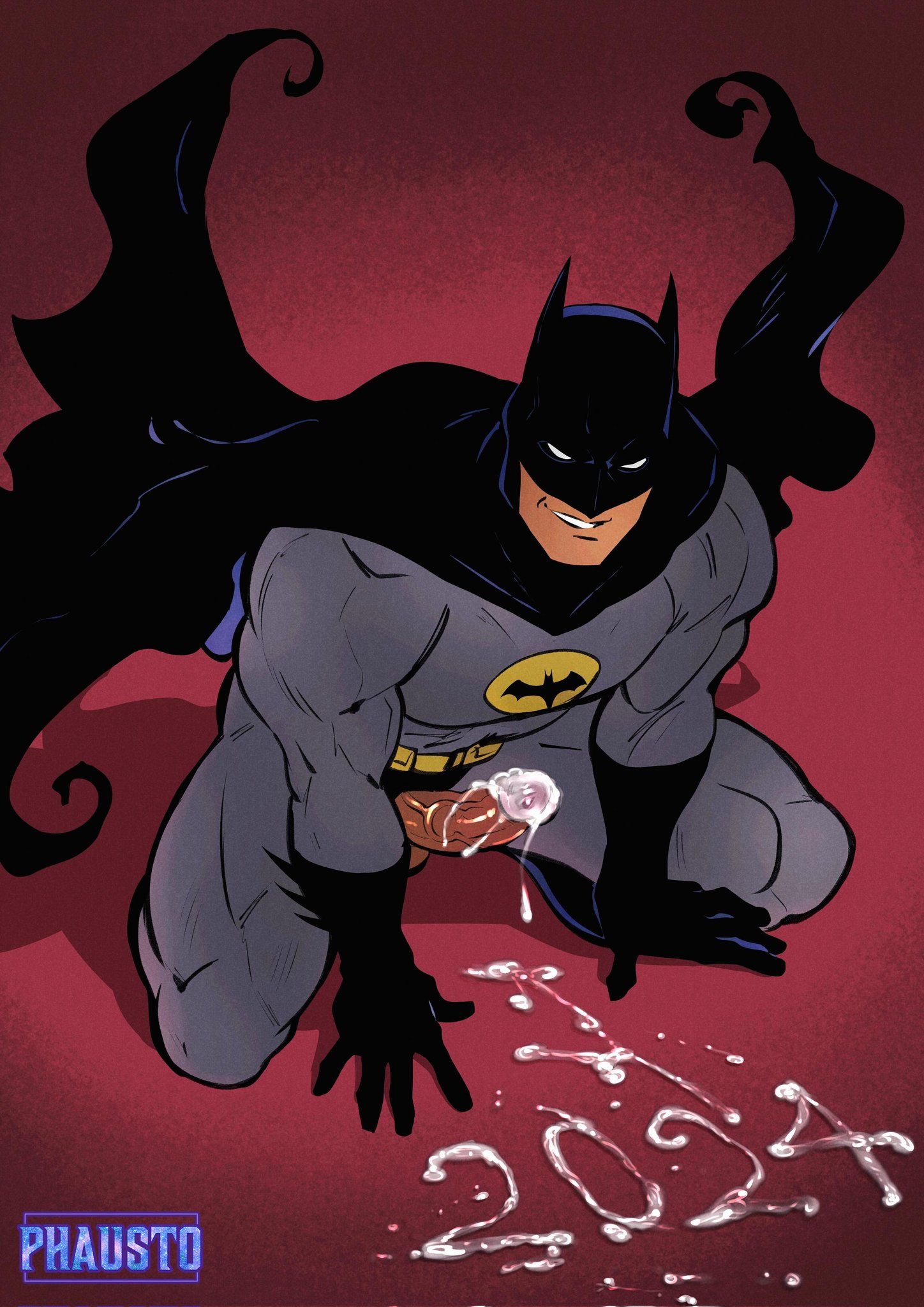 1boy, 2024, artist name, batman, batman (bruce wayne), batman (series), big penis, bruce wayne, cum drip, cum on floor, cum on penis, dc, dc comics, male, male only, new year, penis, phausto, solo, solo male, veiny penis