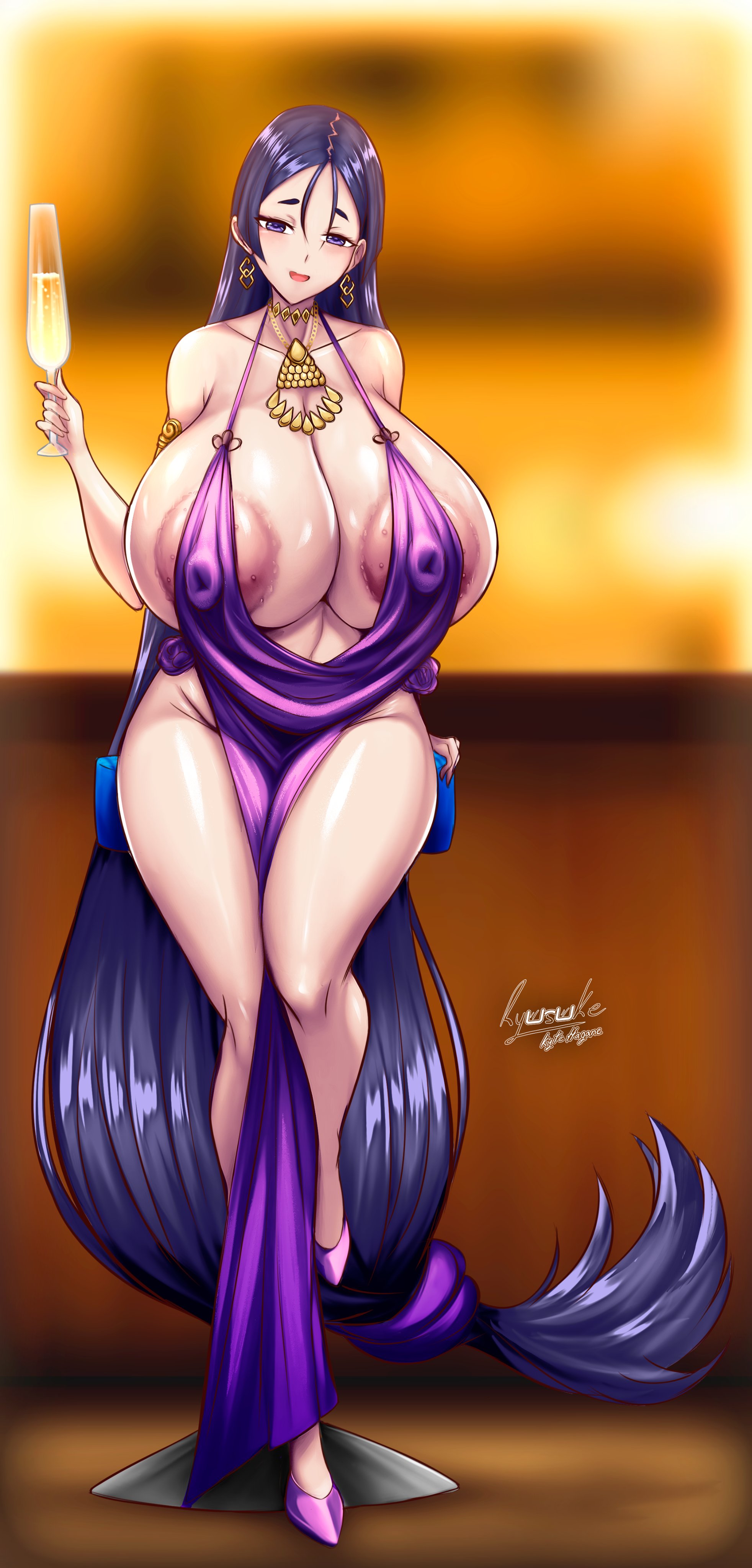 1girls, breasts, cleavage, dress, fate (series), fate/grand order, female, fixed, hi res, hips, huge breasts, long hair, mature female, milf, minamoto no raikou (fate/grand order), naughty face, purple eyes, purple hair, ryusuke kh (ryusuke kyte hagane), thick thighs, thighs, wide hips