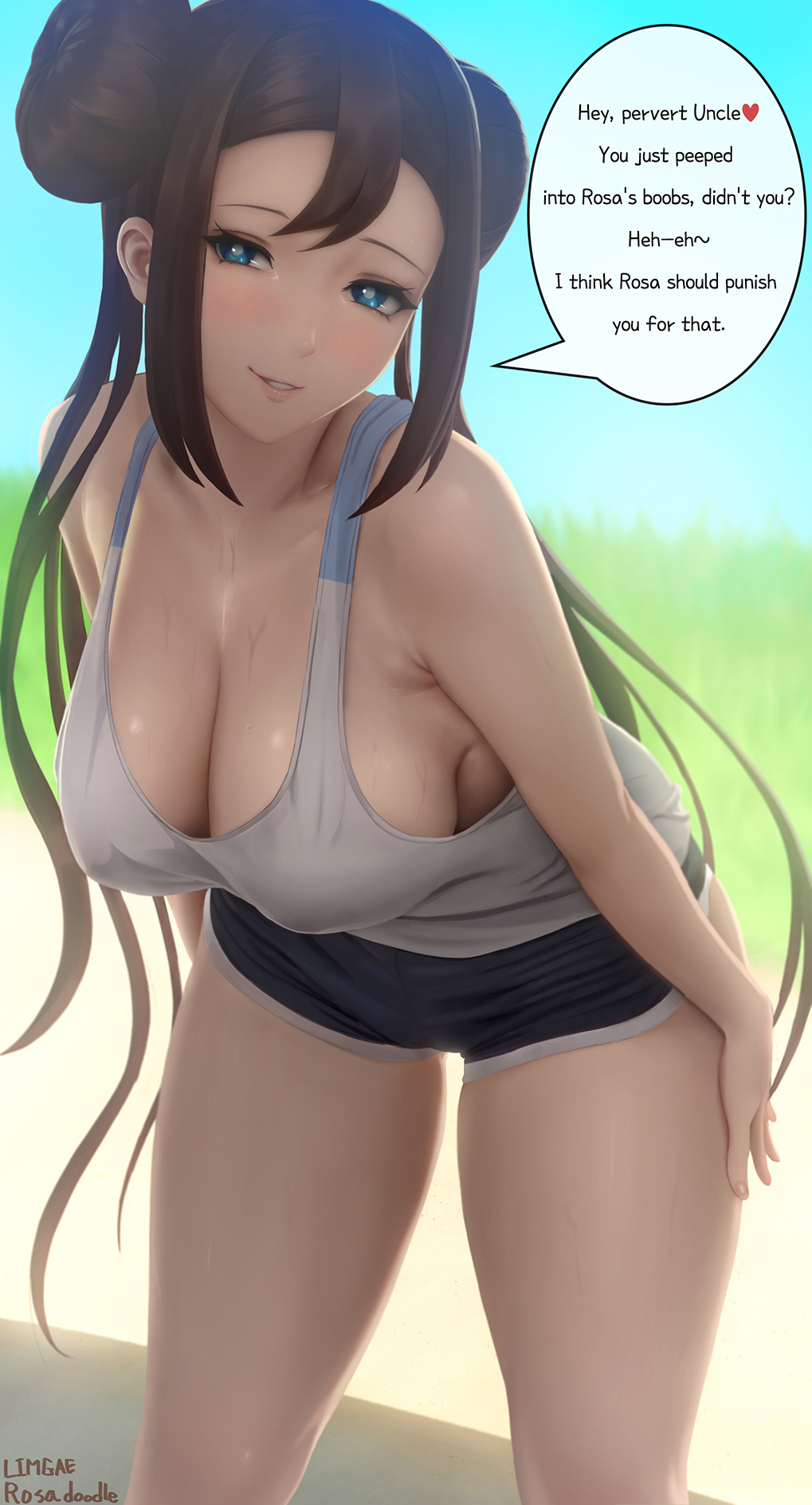 1girls, 2022, alternate version available, blue eyes, blurry background, blush, booty shorts, breasts, brown hair, cleavage, dialogue, english text, female, female only, higher resolution available, large breasts, leaning forward, limgae, long hair, looking at viewer, naughty face, nintendo, outdoors, pokemon, pokemon bw2, rosa (pokemon), short shorts, shorts, slim waist, smile, speech bubble, sweat, sweaty body, sweaty breasts, tank top, teasing, teasing viewer, text, thick thighs, thighs, twin buns, twintails, wide hips