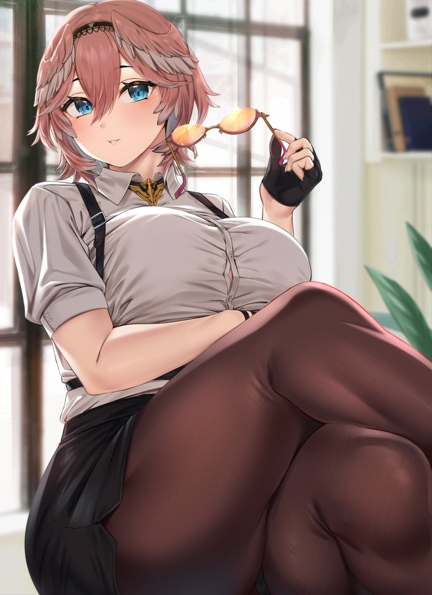 1girls, blue eyes, breasts, buttoned shirt, collared shirt, crossed legs, female, fingerless gloves, hololive, hololive japan, holox, large breasts, moisture (chichi), skirt, solo, stockings, sunglasses, tagme, takane lui, thick thighs, virtual youtuber