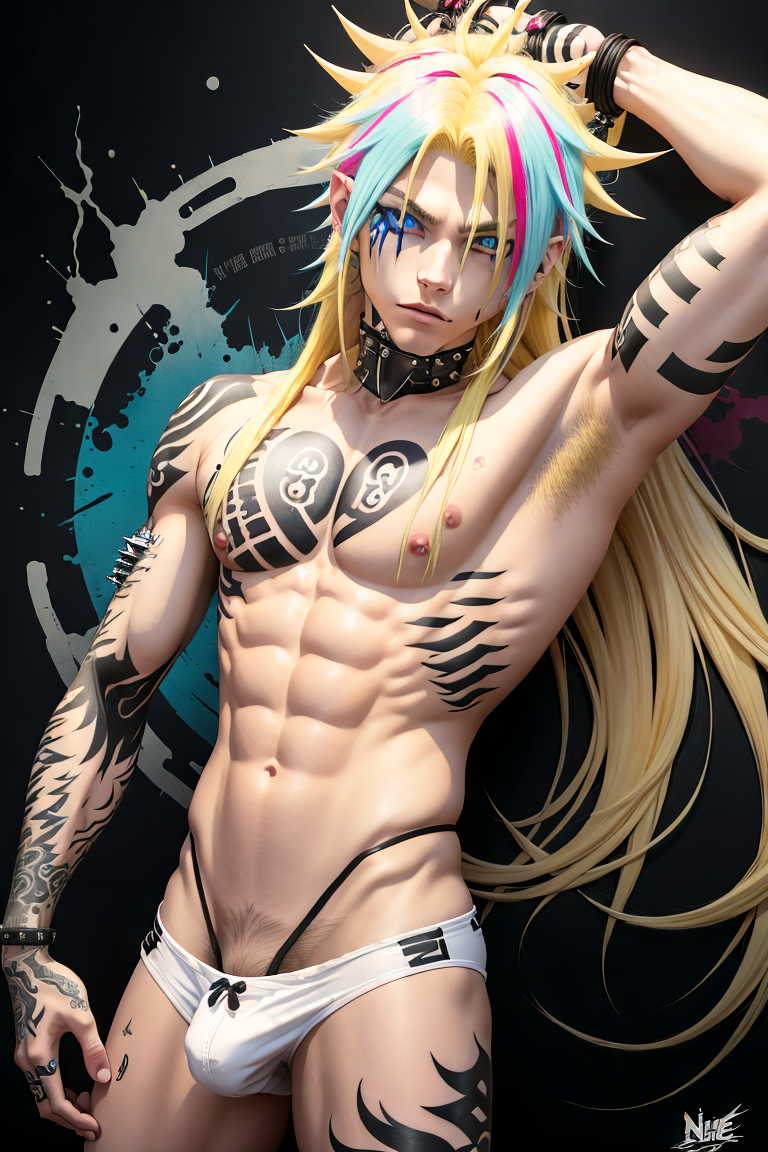 abs ai_generated bulge emo_boy long_hair male sensual speedo spiked_bracelet spiked_collar tatoos