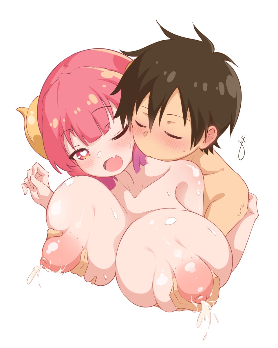 1boy, 1girls, areolae, breast grab, breasts, female, huge breasts, ilulu (dragon maid), lactation, male, milking, miss kobayashi's dragon maid, nipples, nude, taketo (dragon maid)