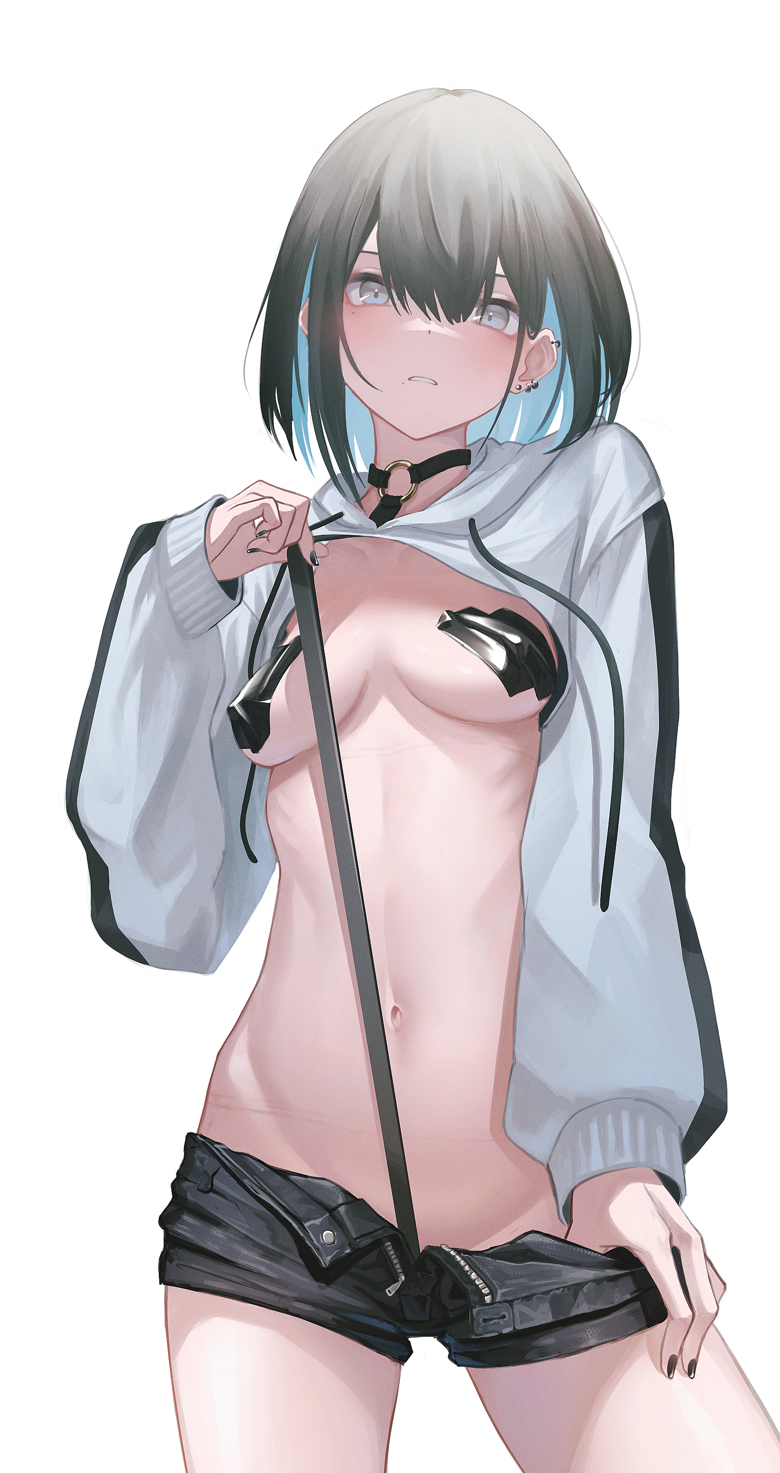 absurdres, bandaid, bandaids on nipples, black choker, black hair, black nails, black shorts, breasts, choker, clothes pull, colored inner hair, cowboy shot, drawstring, ear piercing, female, grey eyes, highres, hood, hood down, long sleeves, looking at viewer, micro shorts, mole, mole under eye, mole under mouth, multicolored hair, nail polish, navel, open fly, original, parted lips, pasties, piercing, puffy sleeves, pulled by self, short hair, shorts, shorts pull, shrug (clothing), small breasts, solo, stomach, yako mashiro