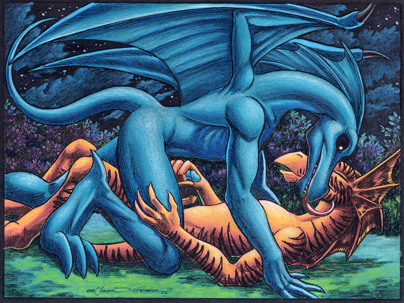 2boys anthro black_eyes blue_body blue_skin closed_eyes dragon duo frank_gembeck frill_(anatomy) furry gay hand_on_penis male/male orange_body orange_skin penis reptile scalie striped striped_body stripes stripes_(marking) wings yaoi