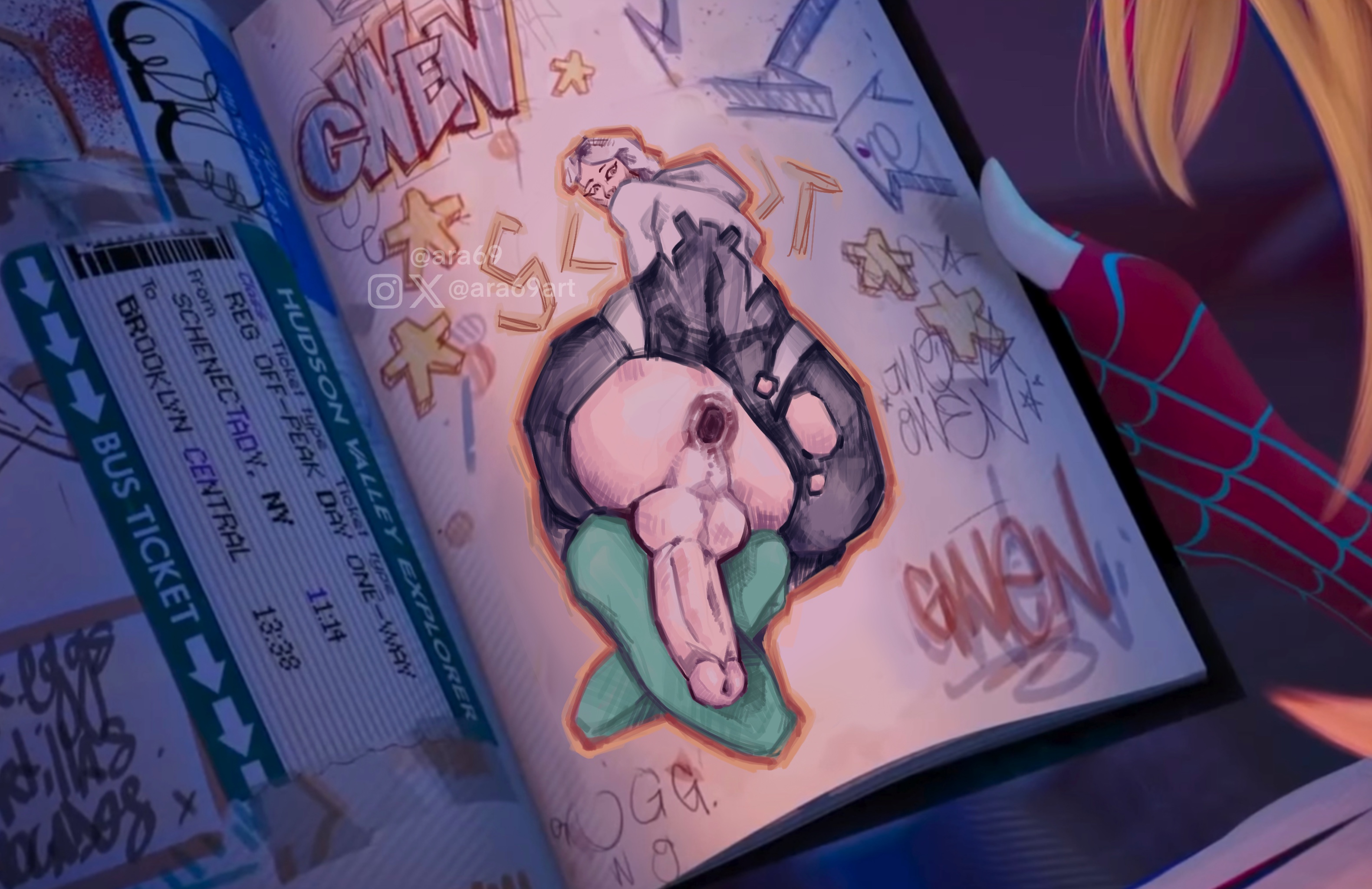 anus, ara69art, ass, ass focus, balls, big penis, blonde hair, drawing, futa only, futa sans pussy, futanari, gaping, gaping anus, gwen art check, gwen stacy, intersex, looking at viewer, marvel, marvel comics, meme, penis, ripped clothing, short hair, spider-gwen, spider-man (series), spider-man: across the spider-verse, stretched anus, stretching, trans woman, transfem, white skin