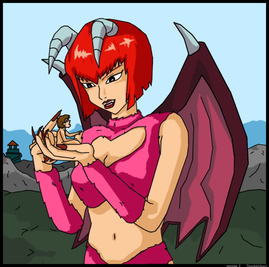 1boy 1girls big_breasts breasts giantess height_difference horns light-skinned_female light-skinned_male light_skin monster_farm pixie_(monster_farm) red_hair scared scared_expression short_hair size_difference thor66 wings