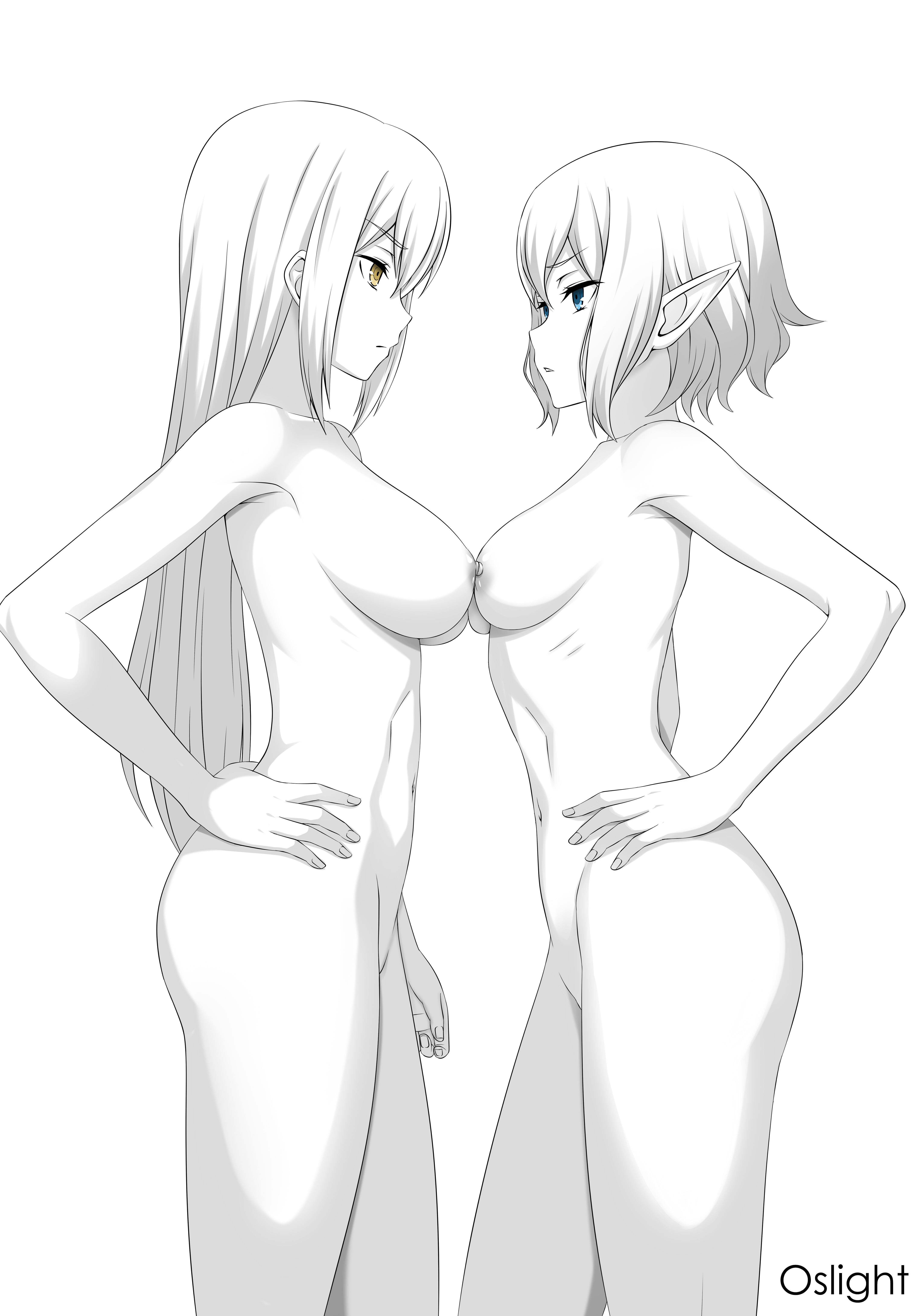 aiz wallenstein, black and white, breasts, dungeon ni deai wo motomeru no wa machigatteiru darou ka, elf, elf ears, elf female, female, nude, oslight, ryuu lion
