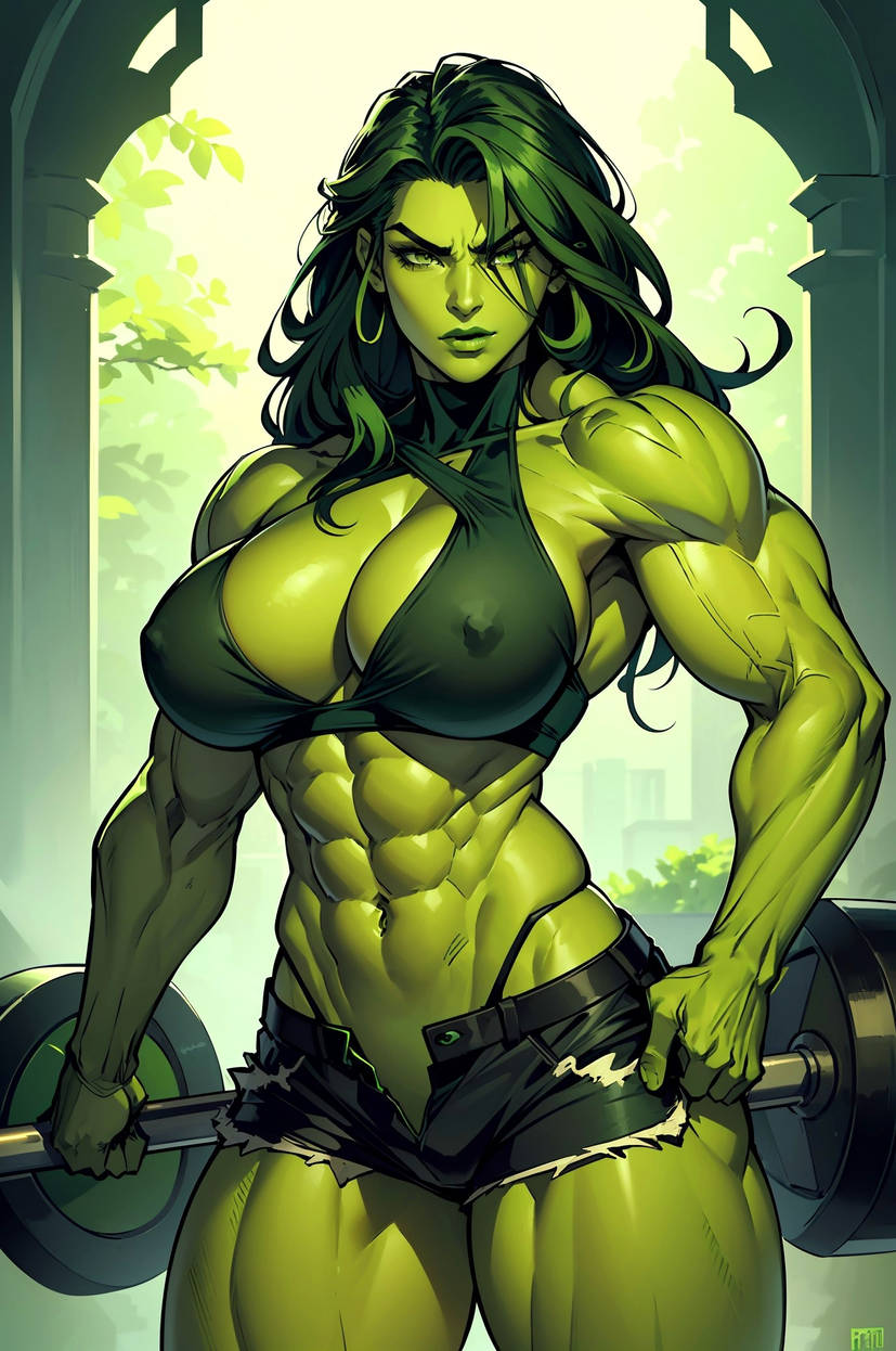 1girls abs ai_generated big_breasts boob_window booty_shorts breasts female female_only green_hair green_skin hulk_(series) jennifer_walters large_breasts marvel marvel_comics midriff muscles muscular muscular_arms muscular_female she-hulk short_shorts shorts solo solo_female thick_thighs vitoryt