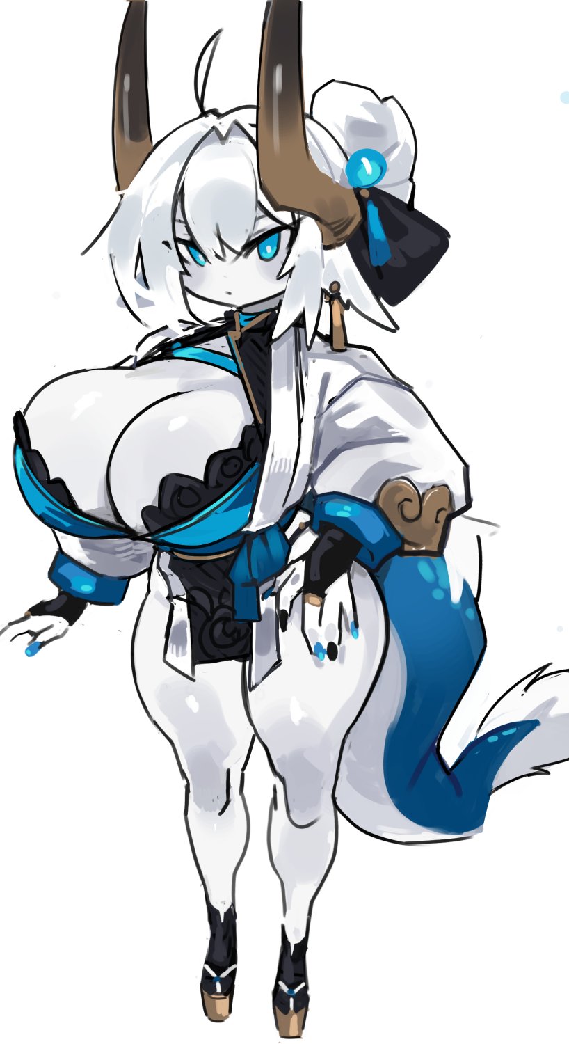 1girls blue_eyes breasts dragon_girl dragon_horns female hi_res horns huge_breasts long_hair looking_at_viewer original original_character polaris_(zanamaoria) shortstack tail thick_thighs white_body white_hair wide_hips zanamaoria