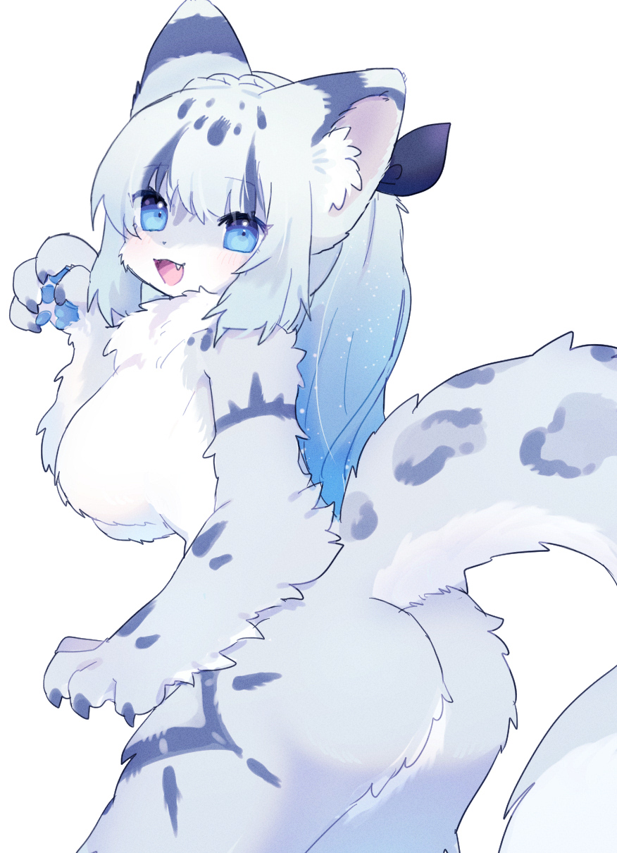 1girls, 2023, ass, big ass, big breasts, blue body, blue eyes, blue fur, blue hair, blush, blush lines, breasts, claws, cute, cute fang, featureless breasts, feline, female, female only, fur, furry, furry only, huge breasts, inner ear fluff, looking at viewer, open mouth, pawpads, presenting, presenting ass, raised tail, simple background, snow leopard, solo, spommmm, spotted body, spotted fur, tail, white background, wholesome