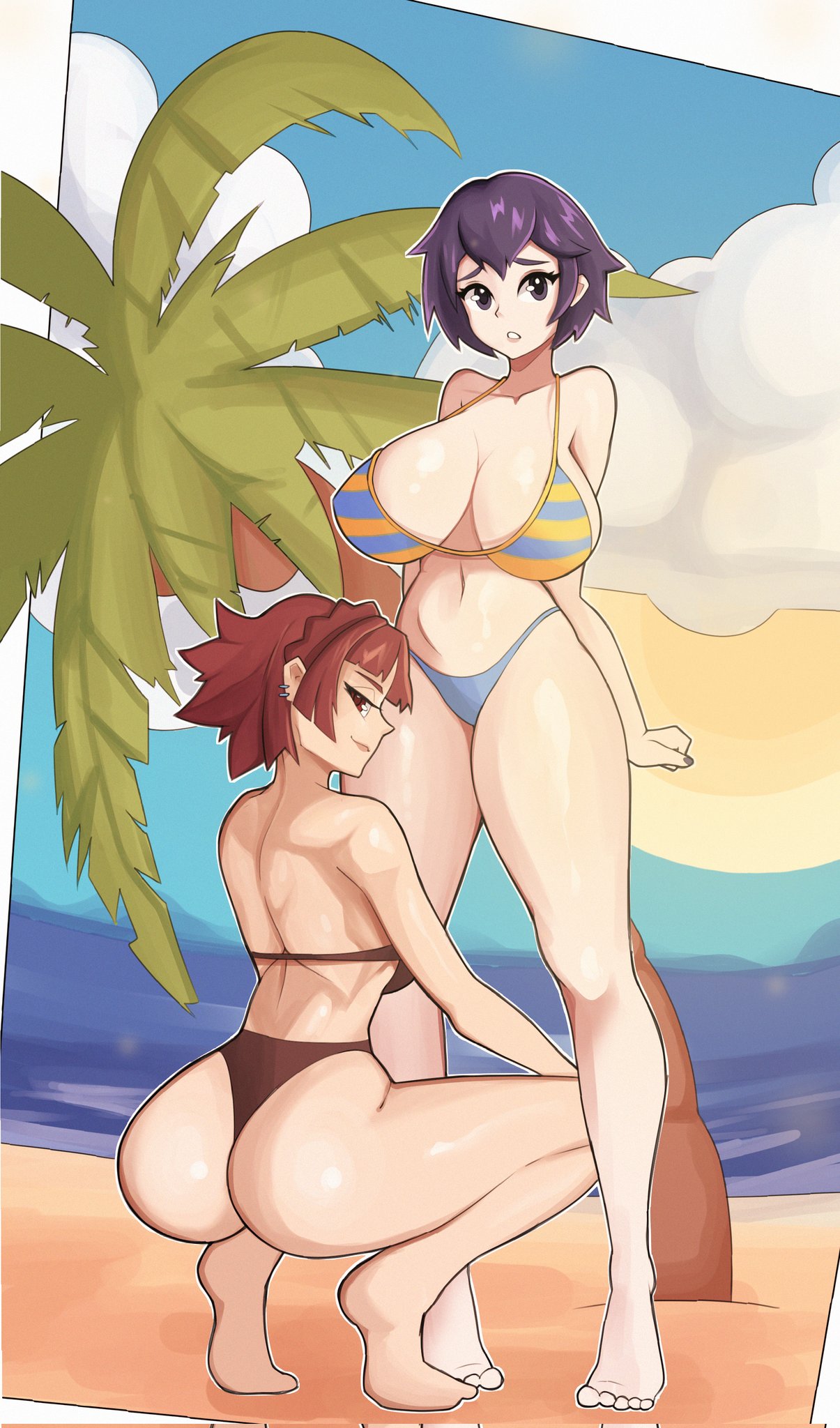 2girls, aidancore, ass, atlus, beach, big ass, big breasts, bikini, blue eyes, blue hair, breasts, brown eyes, brown hair, confident, female, female only, huge breasts, large ass, large breasts, makoto niijima, megami tensei, multiple females, multiple girls, persona, persona 4, persona 5, shirogane naoto, short hair, shy, squatting, swimsuit