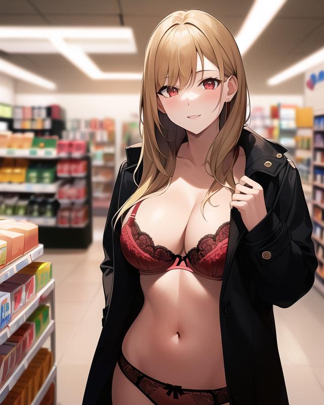 1girls ai_generated ai_mirror belly_button black_coat blonde_hair blush long_hair looking_at_viewer medium_breasts open_coat red_bra red_eyes red_panties red_underwear supermarket white_skin