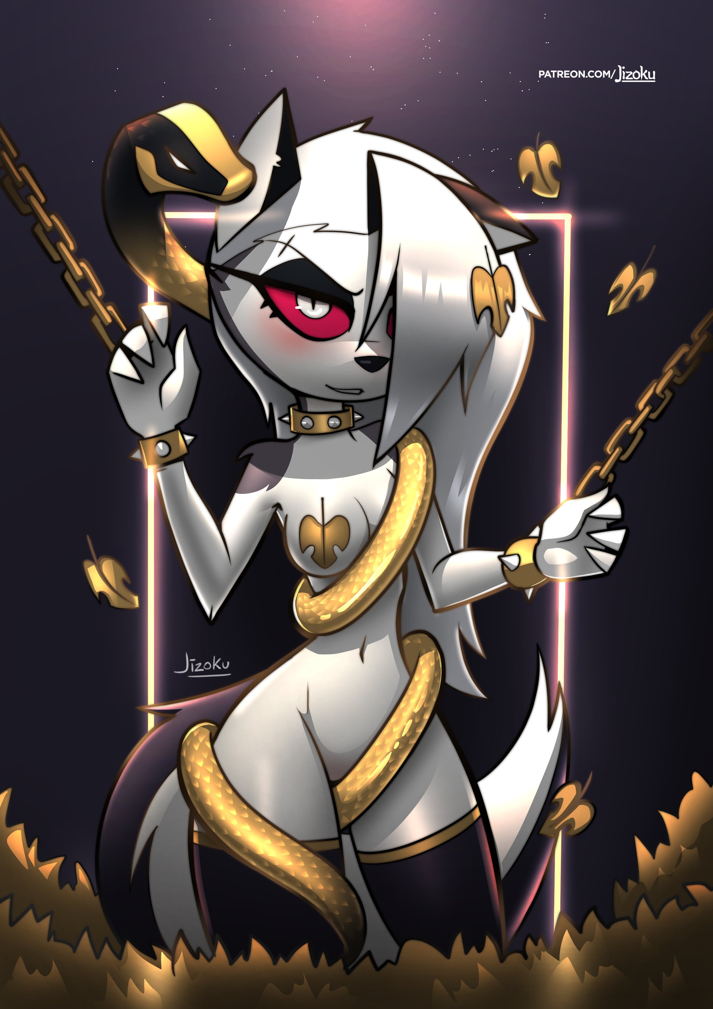 1girls, anthro, bondage, chains, collar, female, furry, gold (metal), hellhound, helluva boss, jizoku, loona (helluva boss), snake, thigh highs, thighhighs