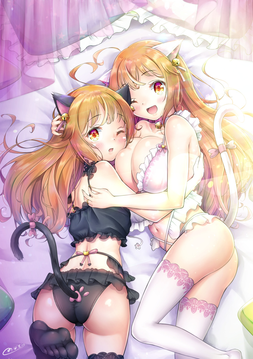 2girls artist_signature ass bell big_ass big_breasts black_legwear black_panties blonde_hair blush breast_squish cat_ears cat_tail check_artist check_character cute feet female female_only flat_chest hi_res looking_at_viewer multiple_girls natsusora_aona natsusora_wakana nobady original original_character panties paw_print pink_bow significant_size_difference smile source_request tagme translation_request twins white_legwear