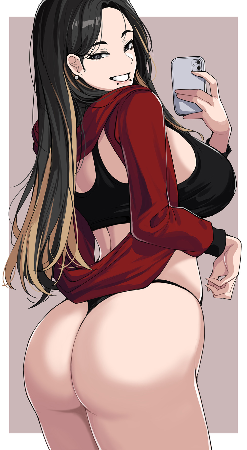 1girls, 2022, ass, black bra, black hair, black panties, bra, breasts, brown hair, brown highlights, drogod (artist), facial piercing, female, female only, highlights, hips, holding object, huge ass, large breasts, long hair, original, original character, panties, phone, selfie, simple background, slim waist, smile, thick thighs, thighs, wide hips