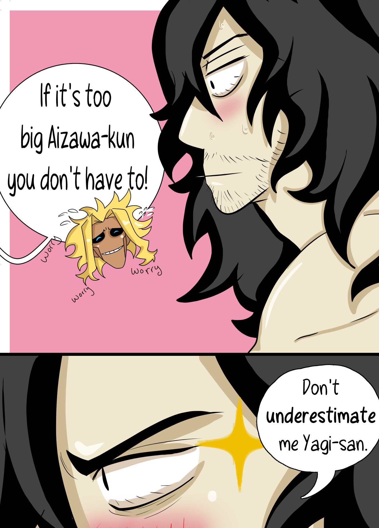 1boy 1cuntboy all_might beard black_hair blonde_hair blush comic cuntboy intersex light_skin mature_male my_hero_academia shouta_aizawa speech_bubble toshinori_yagi zanbandia