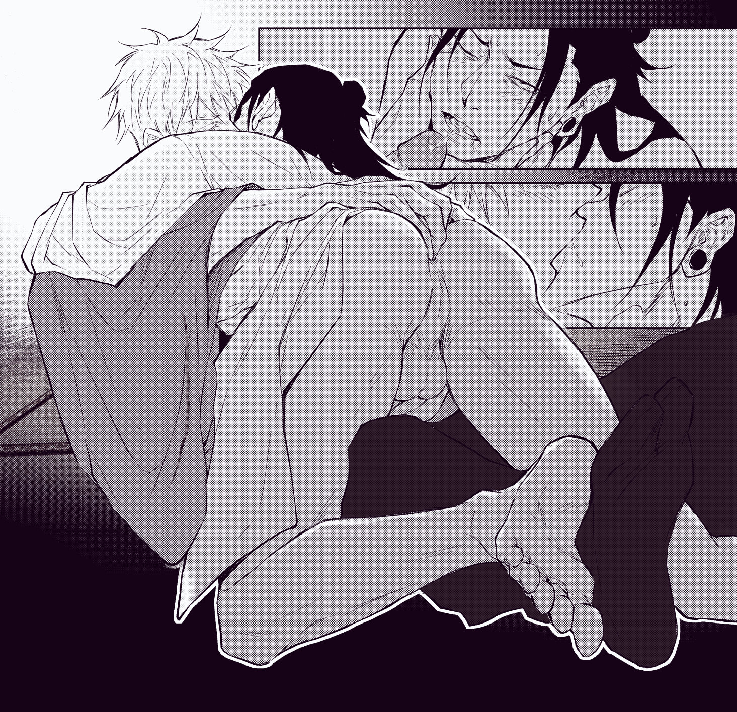 2boys, anal, anal fingering, ass, backsack, balls, ballsack, barefoot, fingering, fingering partner, gay, genitals, jujutsu kaisen, male, male only, male/male, monochrome, nejmai, penis, satoru gojo, suguru geto, yaoi