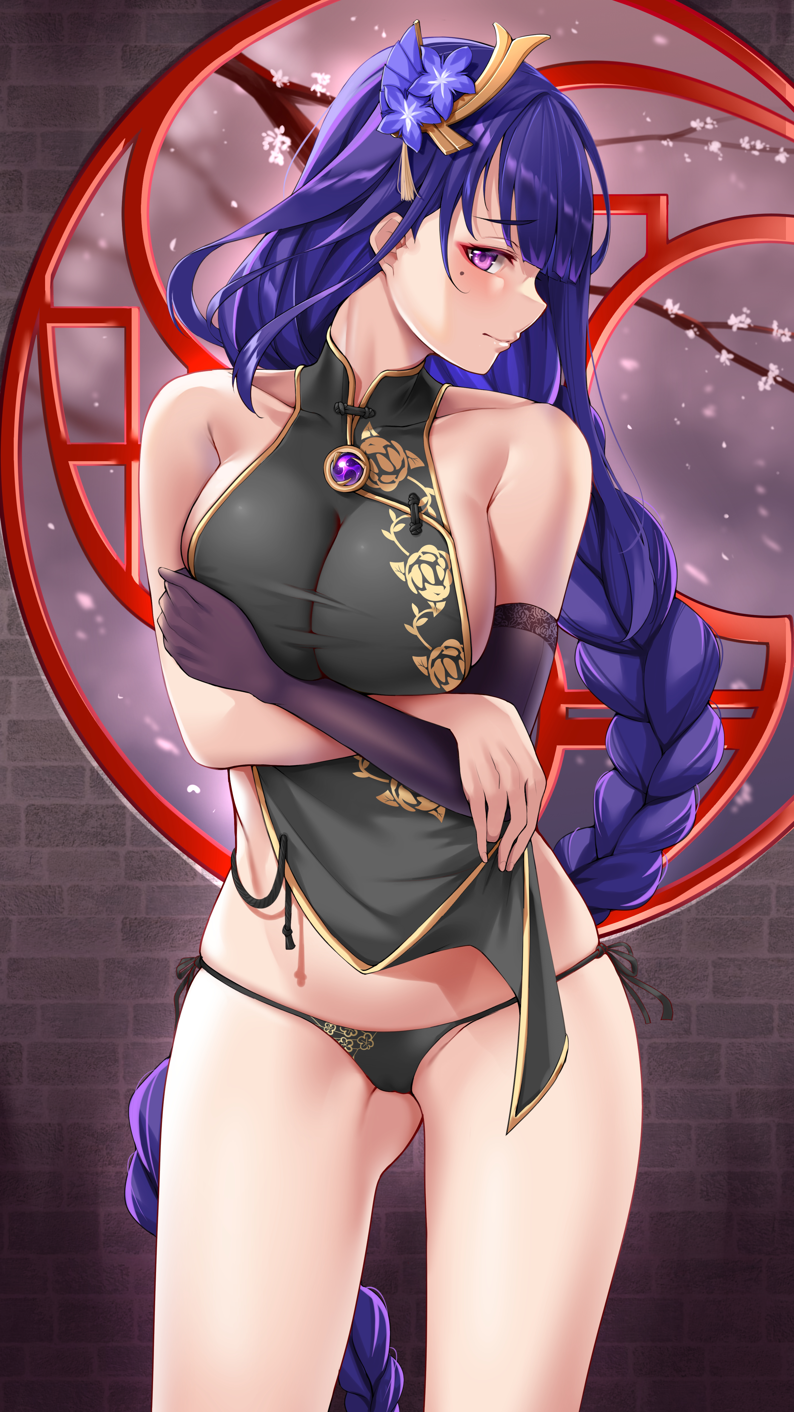 1girls, absurd res, barefoot, blush, braid, breast hold, breasts, china dress, chinese clothes, elbow gloves, female, female only, flustered, genshin impact, gloves, hi res, large breasts, lifted by self, looking at viewer, matrix16, milf, mole, mole under eye, panties, purple eyes, purple hair, raiden shogun, sideboob, sleeveless, smile, underwear
