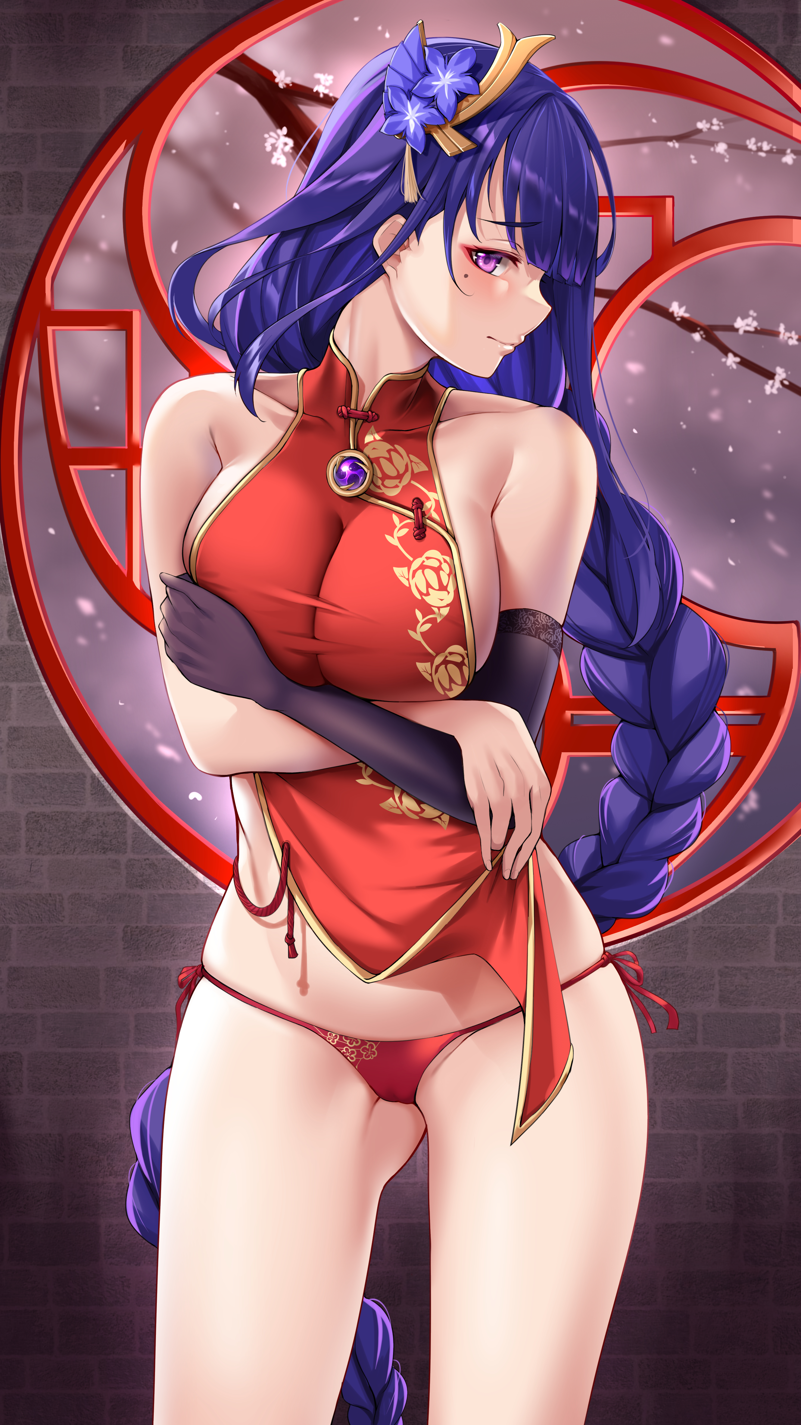 1girls, absurd res, barefoot, blush, braid, breast hold, breasts, china dress, chinese clothes, elbow gloves, female, female only, flustered, genshin impact, gloves, hi res, large breasts, lifted by self, looking at viewer, matrix16, milf, mole, mole under eye, panties, purple eyes, purple hair, raiden shogun, sideboob, sleeveless, smile, underwear