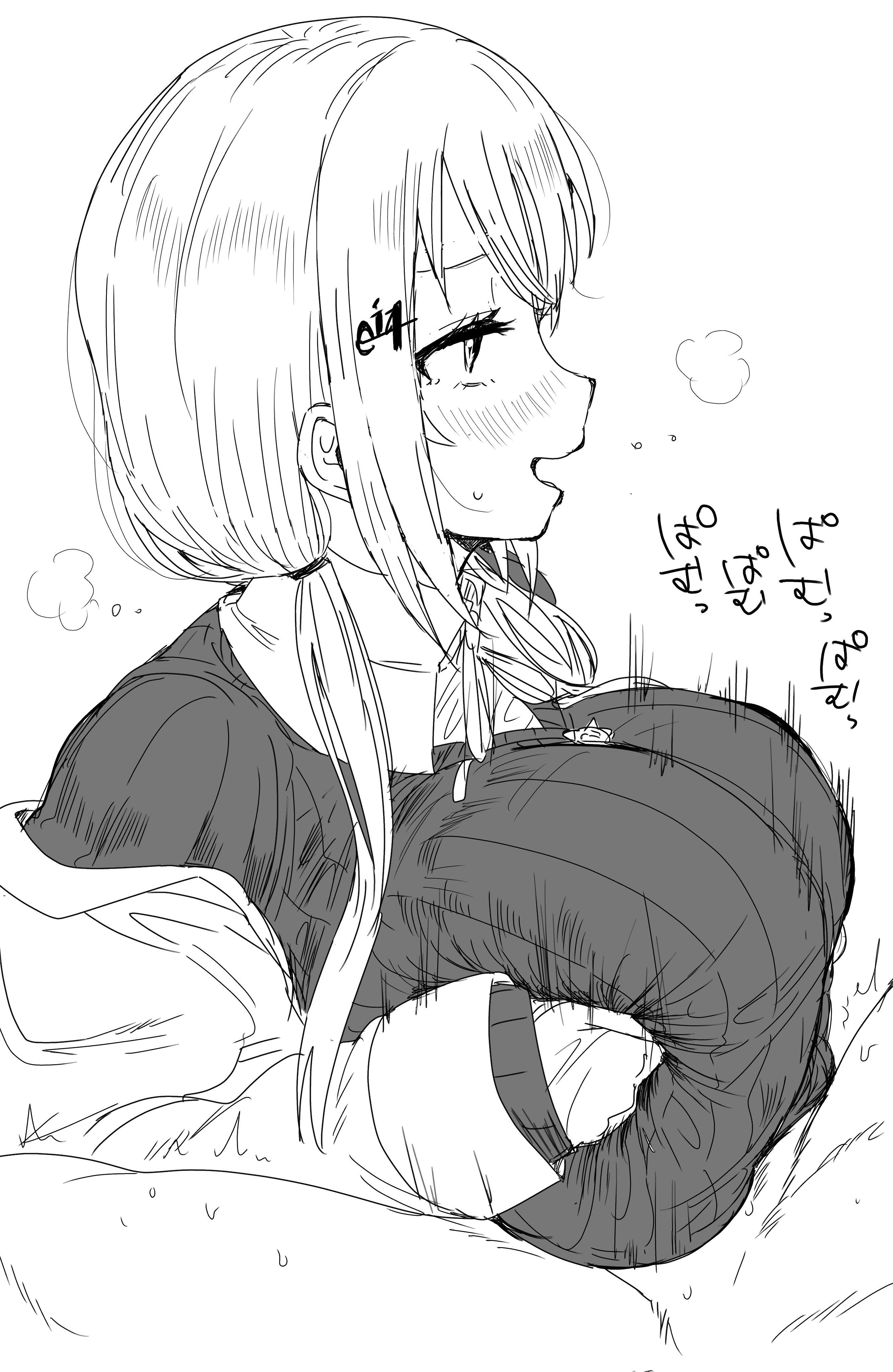1boy, 1girls, alternate breast size, big breasts, blush, breast grab, breast hold, breasts, clothed female nude male, engulfing paizuri, female, hakase fuyuki, happy, happy paizuri, happy sex, heavy breathing, huge breasts, japanese text, kaiman garupan, large breasts, looking at partner, male, monochrome, nijisanji, paizuri, paizuri lead by female, paizuri on lap, paizuri under clothes, straight, sweat, sweater, text, virtual youtuber