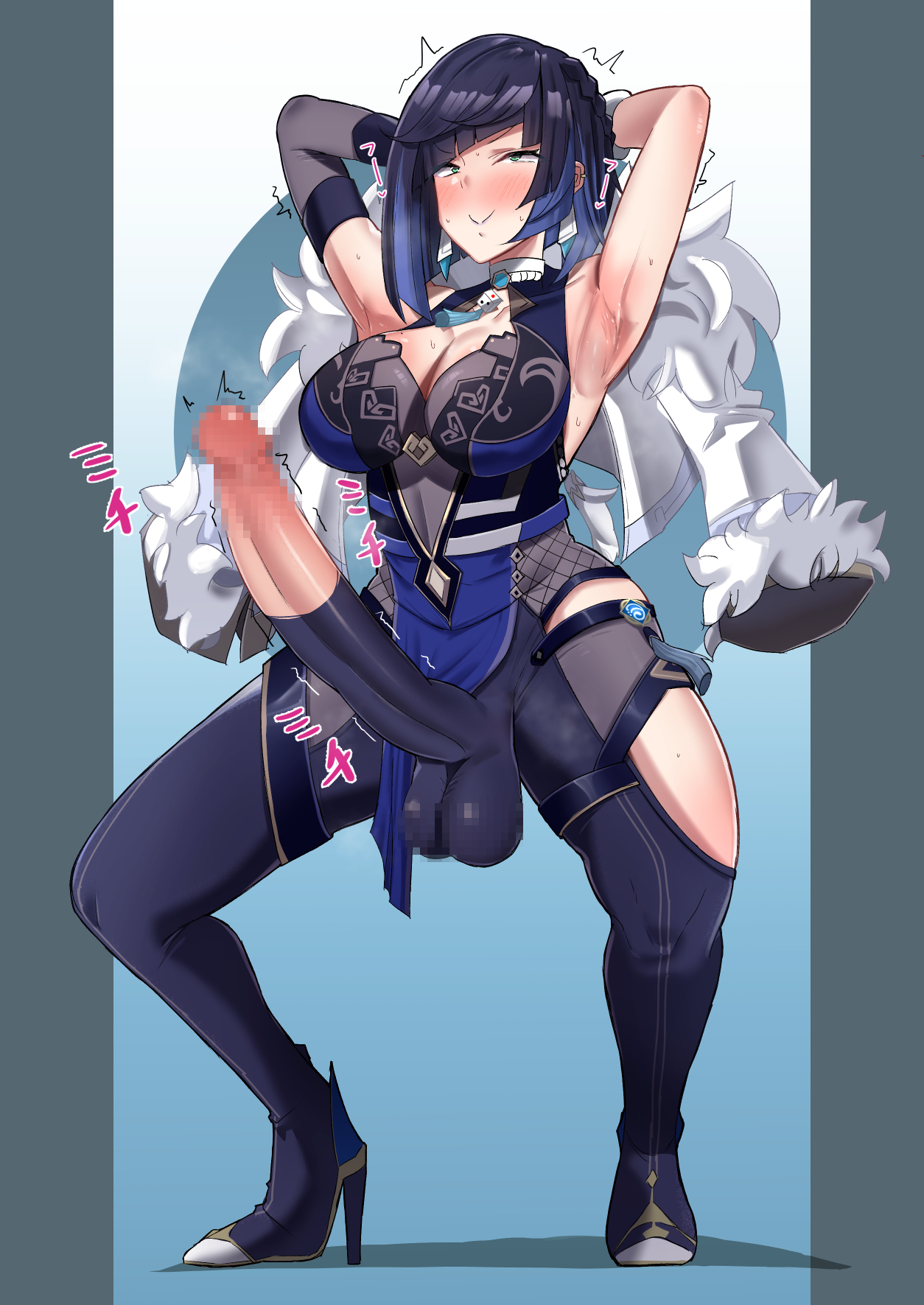 1futa, arms behind head, arms up, balls, big balls, big breasts, big penis, black hair, breasts, censored, cleavage, clothed, clothing, erection, futa only, futanari, genshin impact, high heels, huge cock, human, intersex, light skin, light-skinned futa, long hair, looking at viewer, mosaic censoring, mostly clothed, penis, penis out, seranon, shiratori serano, solo, spread legs, squatting, throbbing penis, yelan (genshin impact)