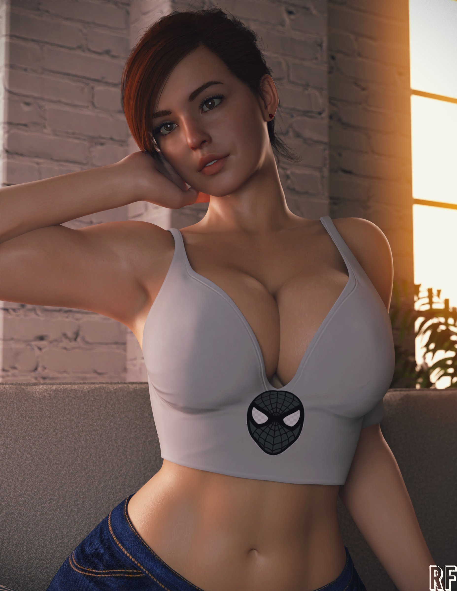 1girls, 3d, absurd res, arm up, armpit, breasts, brown eyes, cleavage, female, female only, fully clothed, hand behind head, hi res, jeans, large breasts, light skin, light-skinned female, linea alba, marvel, marvel comics, mary jane watson, mary jane watson (insomniac), midriff, parted lips, red hair, rude frog, seductive, shirt, short hair, sleeveless shirt, solo, spider-man (ps4), spider-man (series), tank top