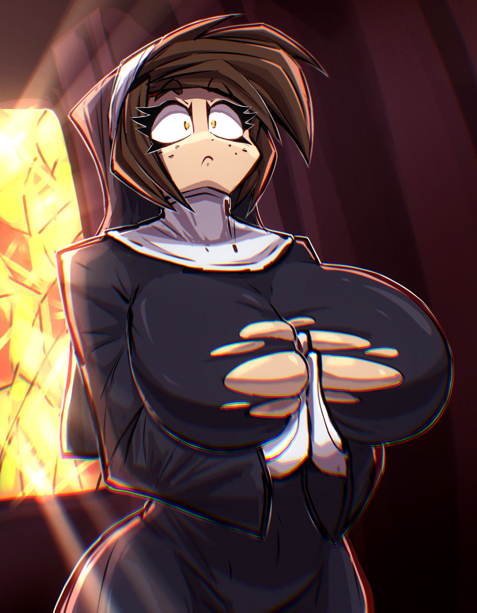 big ass, big boobs, big breasts, big butt, breasts, clothed female, female, hand between breasts, huge ass, huge breasts, kyurby (zzzhodazzz), nun, nun outfit, nun's habit, tagme, tits, torn clothes, torn clothing, wardrobe malfunction, zzzhodazzz