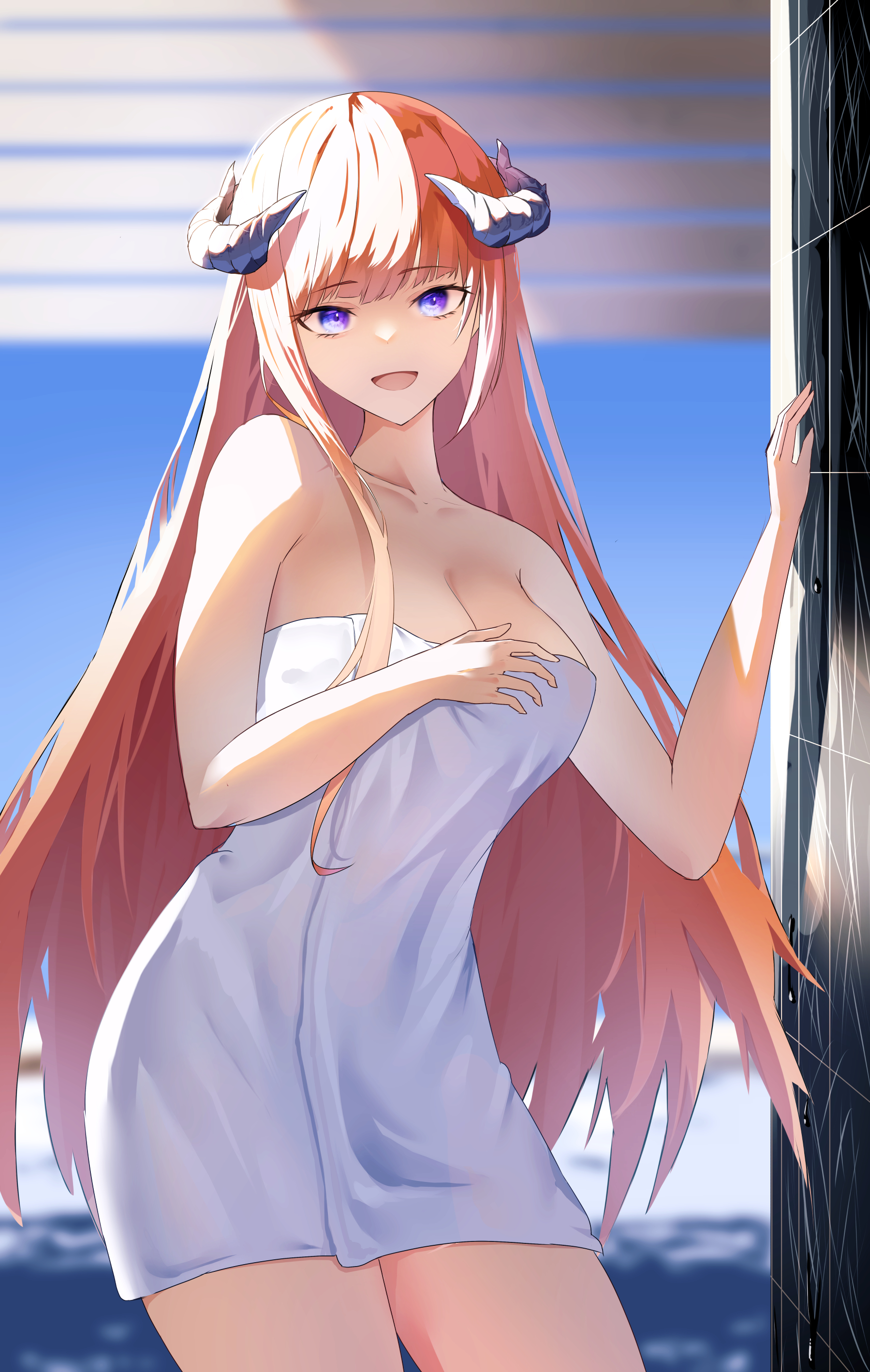 1girls, arknights, bagpipe (arknights), bare shoulders, big breasts, blue eyes, breasts, collarbone, cute, female, female only, hand on own chest, hand on wall, happy, highres, horns, kanaya604, legs, light skin, light-skinned female, long hair, looking at viewer, open smile, smile, solo, standing, thick thighs, thighs, towel, towel only, very long hair