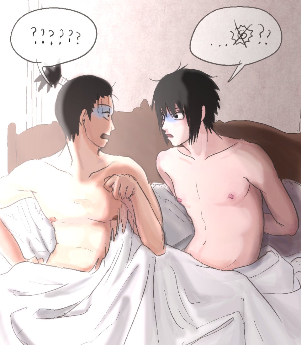 2boys accidental_sex accidentally_gay after_sex arms_behind_back bed bed_sheet black_hair confused confusion disgusted disgusted_look funny gay implied_yaoi looking_at_another looking_at_each_other looking_at_partner male male/male male_with_male multiple_boys naked nara_shikamaru naruto naruto_(series) naruto_shippuden nipples on_bed pecs ponytail sasuke_uchiha sitting sitting_on_bed surprised tied_hair under_covers vuno yaoi