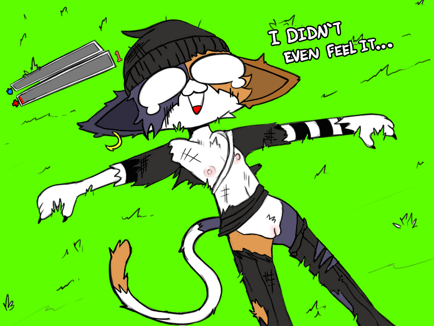 anthro, breasts, crying, cute, exposed breasts, exposed pussy, female, fortnite, furry, game ui, goth, goth girl, ichduhernz, meow skulls (fortnite), mostly nude, no breasts, pussy, ripped clothes, ripped clothing, small breasts, text