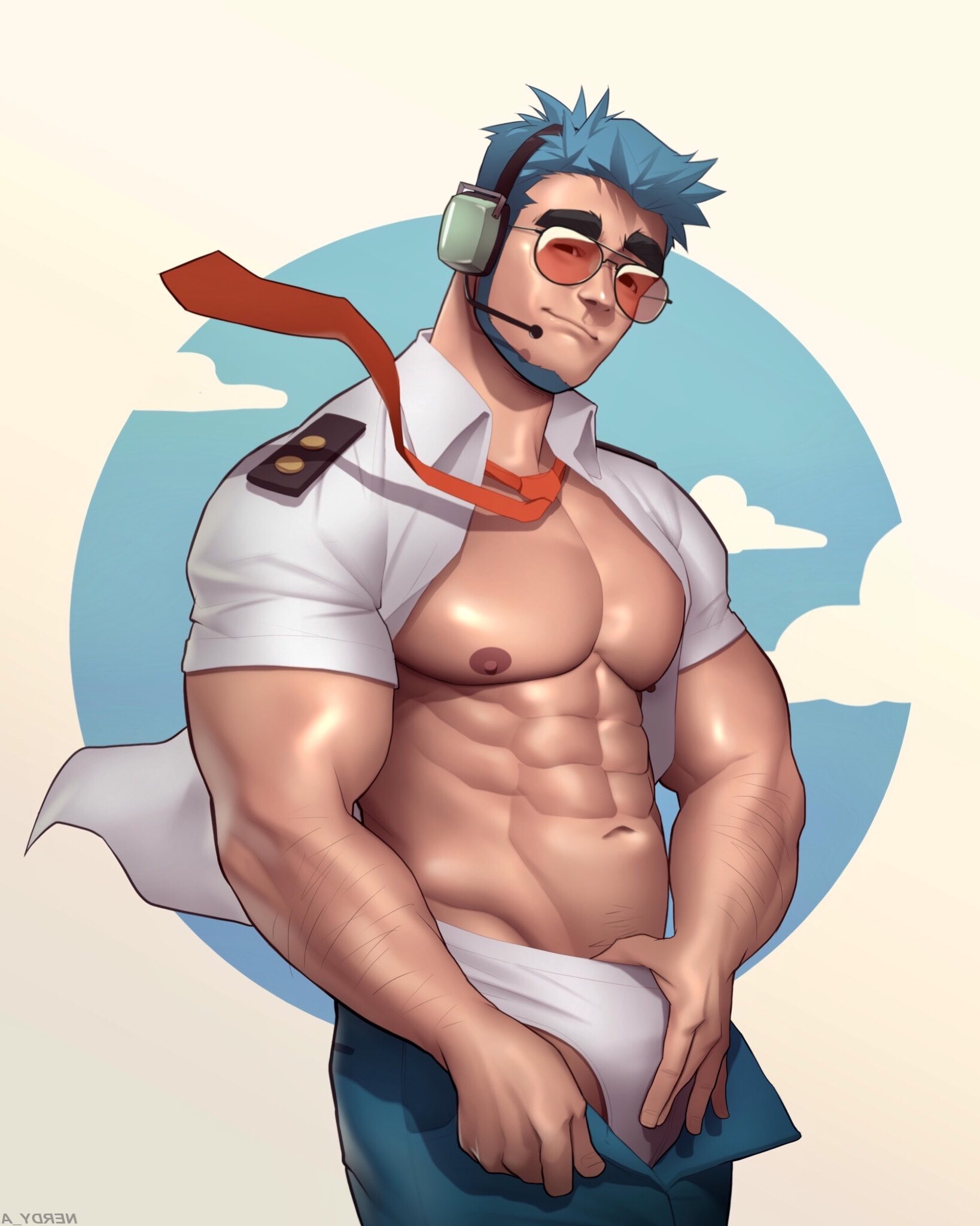 2020, animal crossing, bulge, gijinka, glasses, male, male only, muscles, muscular, muscular male, nerdyart, nintendo, nipples, open shirt, pants down, suit and tie, wilbur (animal crossing)