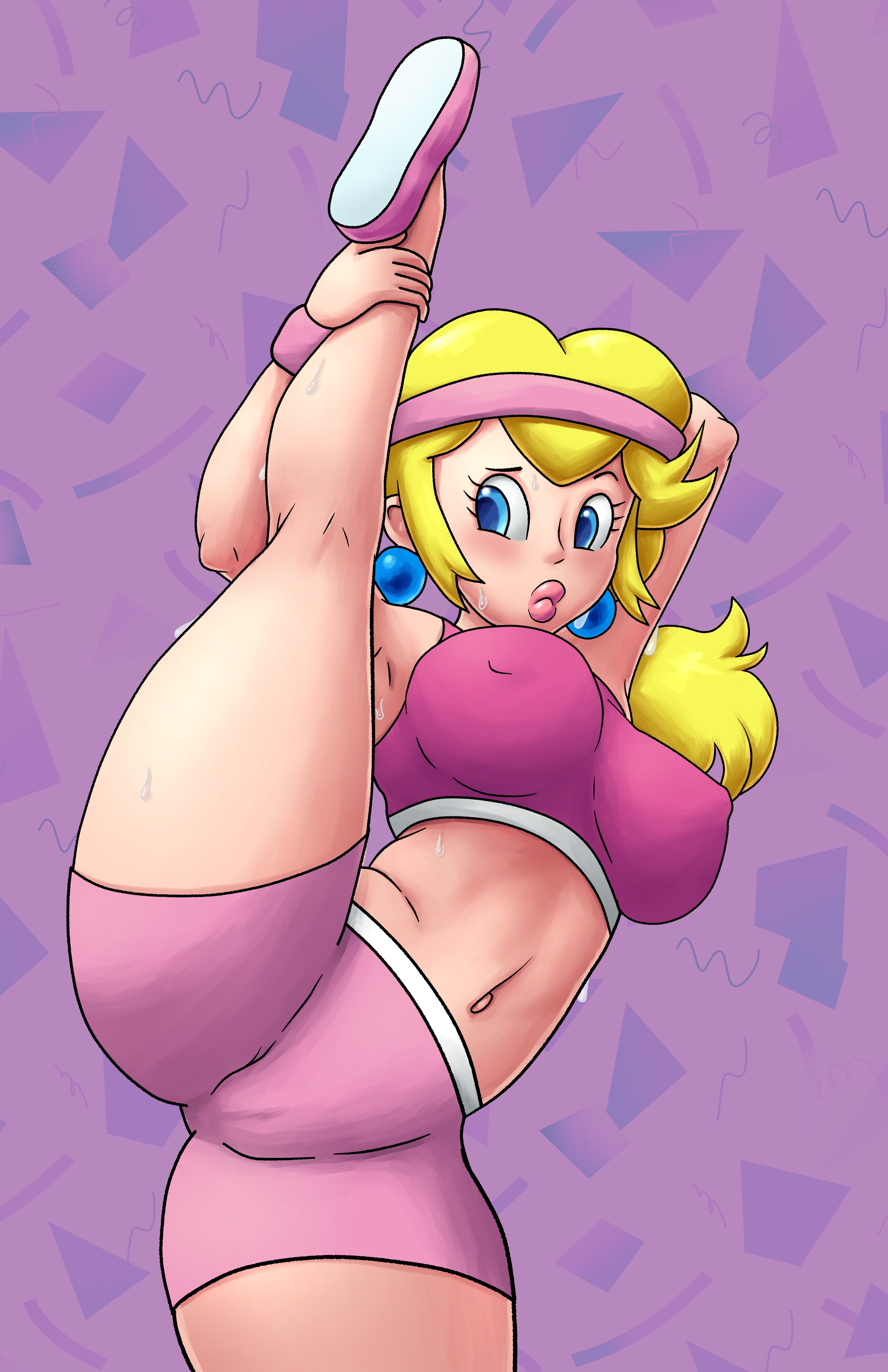 1girls, blonde hair, female, female only, fully clothed, gym uniform, jigglytoons, mario (series), nintendo, one leg up, pink crop top, pink shorts, princess peach, solo, sweatband, thick legs, thick thighs, vertical splits