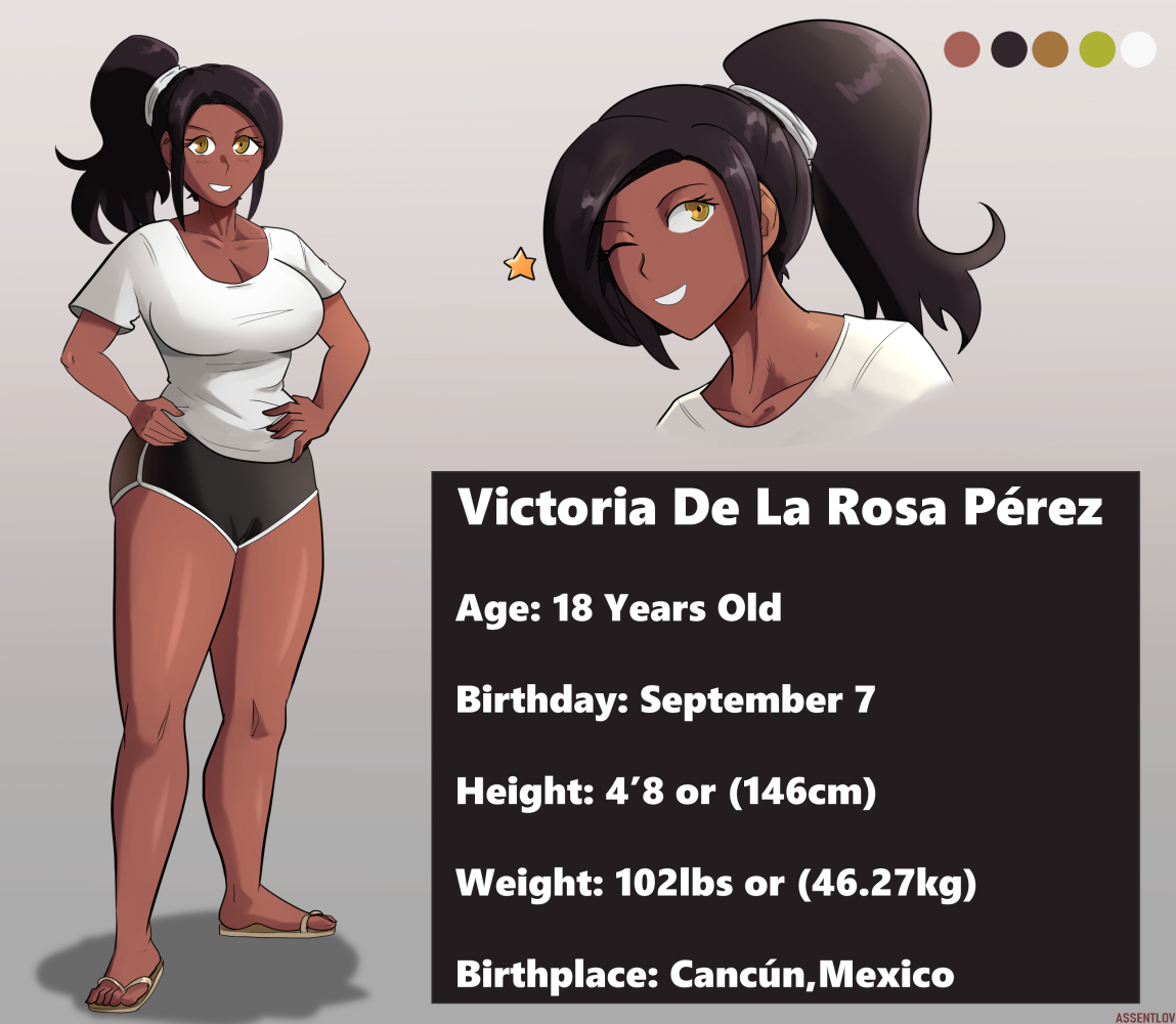 1girls, assentlov, black shorts, bottomwear, breasts, character name, character sheet, cleavage, color, dark skin, dark-skinned female, feet, female, female focus, female only, hair ornament, hairtie, hands, hands on hips, height, latina, mexican, original, original character, ponytail, sandals, simple background, stats, text, thighs, victoria de la rosa pérez, weight, white shirt, wink, yellow eyes