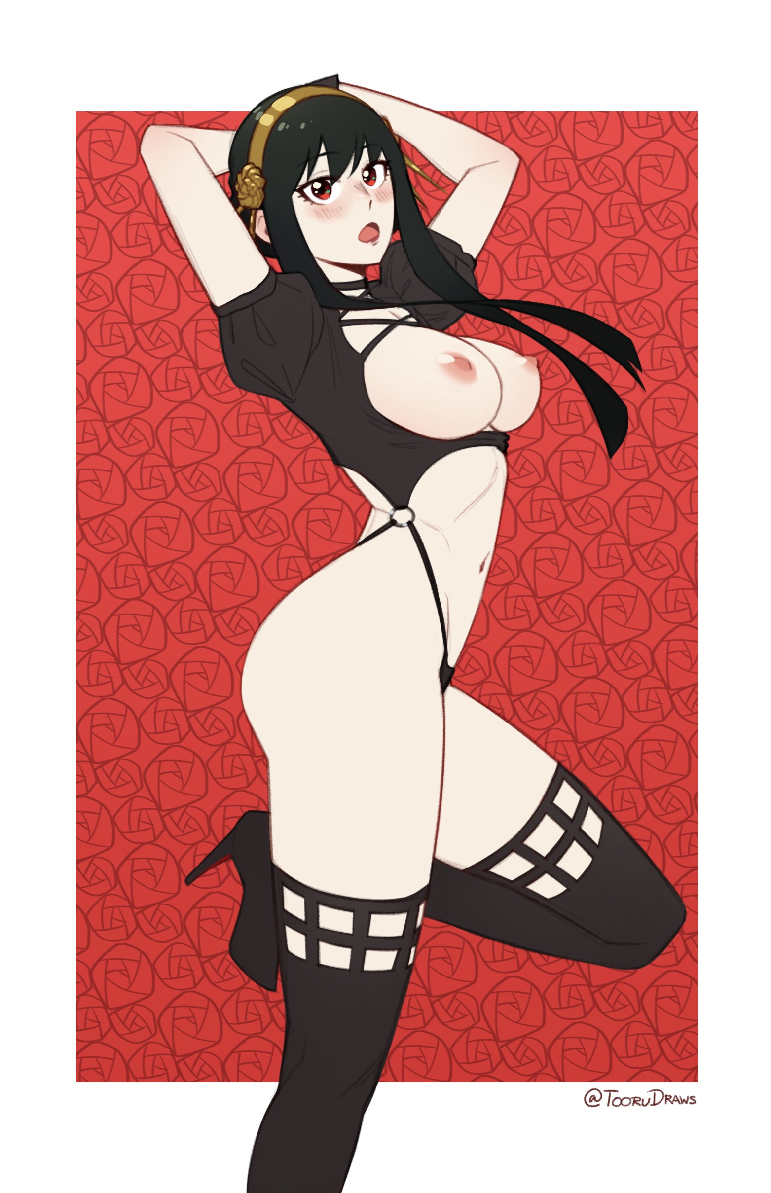 1girls, ass, assassin, bangs, big ass, big breasts, black hair, breasts, busty, exposed breasts, female, female focus, female human, hairband, high heels, human, jiggle, light skin, light-skinned female, long hair, mature female, naked thighhighs, nipples, pale skin, pale-skinned female, red eyes, solo, solo female, spy x family, thigh boots, thighhighs, thighs, thorn princess, toorudraws, yor briar, yor forger
