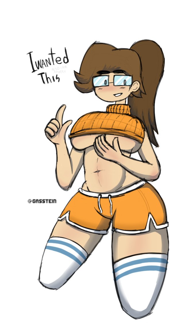 1girls 5_fingers blush breasts brown_hair clothed clothing eyewear female female_only gasstein glasses hair legless light-skinned_female light_skin long_hair rule_63 saberspark shorts simple_background solo stockings tied_hair underboob white_background