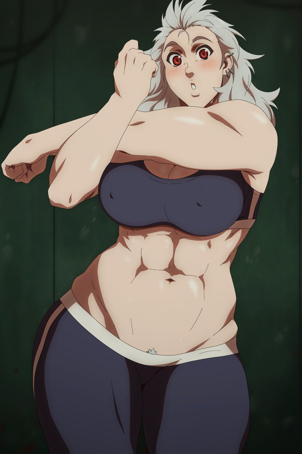 1girls 2d 2d_(artwork) abs blush blushing_female digital_drawing_(artwork) digital_media_(artwork) dorohedoro ear_piercing female female_only khexxi leggings light-skinned_female light_skin long_hair midriff noi_(dorohedoro) pubic_hair red_eyes silver_hair silver_hair_female silver_hair_red_eyes silver_pubic_hair solo solo_female sports_bra