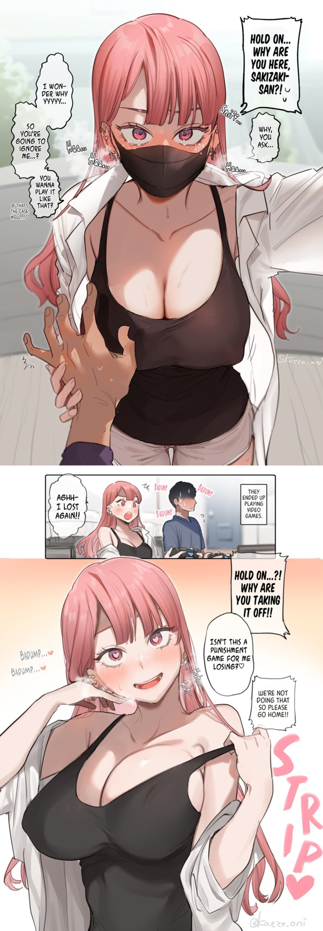 1boy, 1girls, assertive, assertive female, black tank top, breasts, busty, cleavage, comic, controller, ear piercing, earrings, english text, face mask, female, gamer girl, heart, heart-shaped pupils, large breasts, looking at viewer, male, mask, original, pink eyes, pink hair, playing videogame, seducing, shorts, smile, speech bubble, straight, syuntyu katze, tank top, undressing