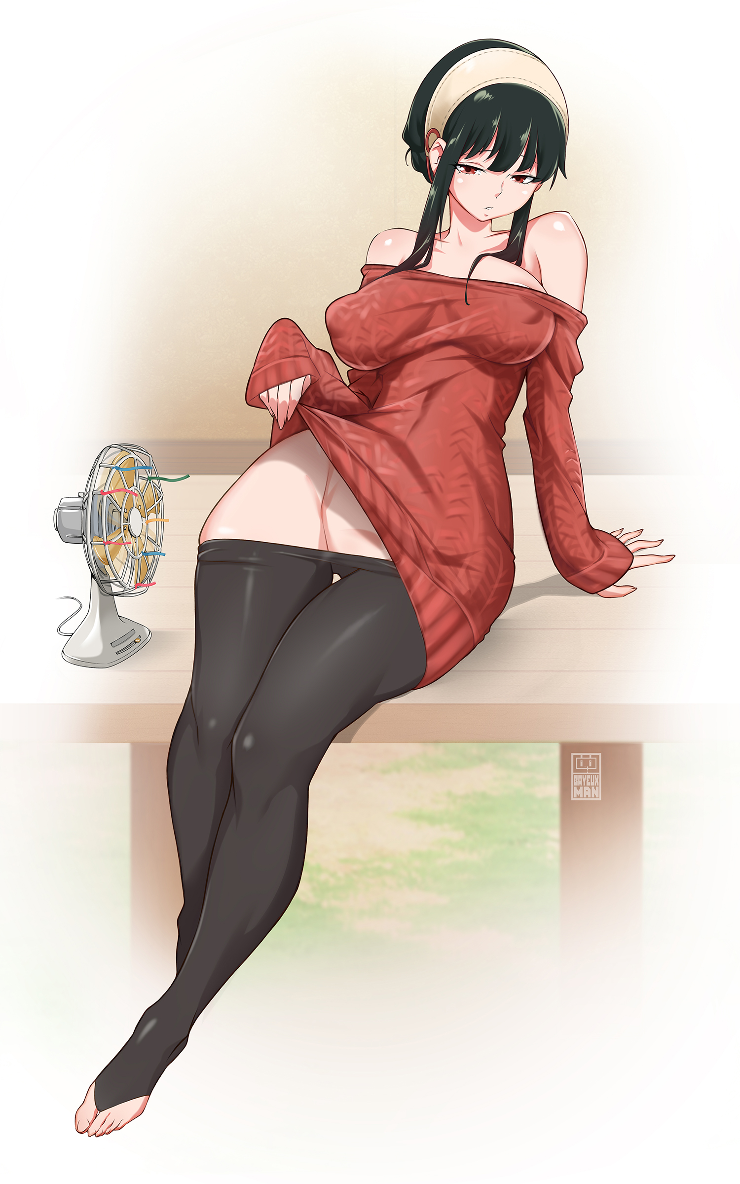 1girls, bayeuxman, big breasts, black hair, breasts, electric fan, fan, female, female focus, female only, long hair, nipple bulge, pants, pants down, red eyes, shiny clothes, solo, spy x family, thick thighs, thighs, tight pants, yor briar