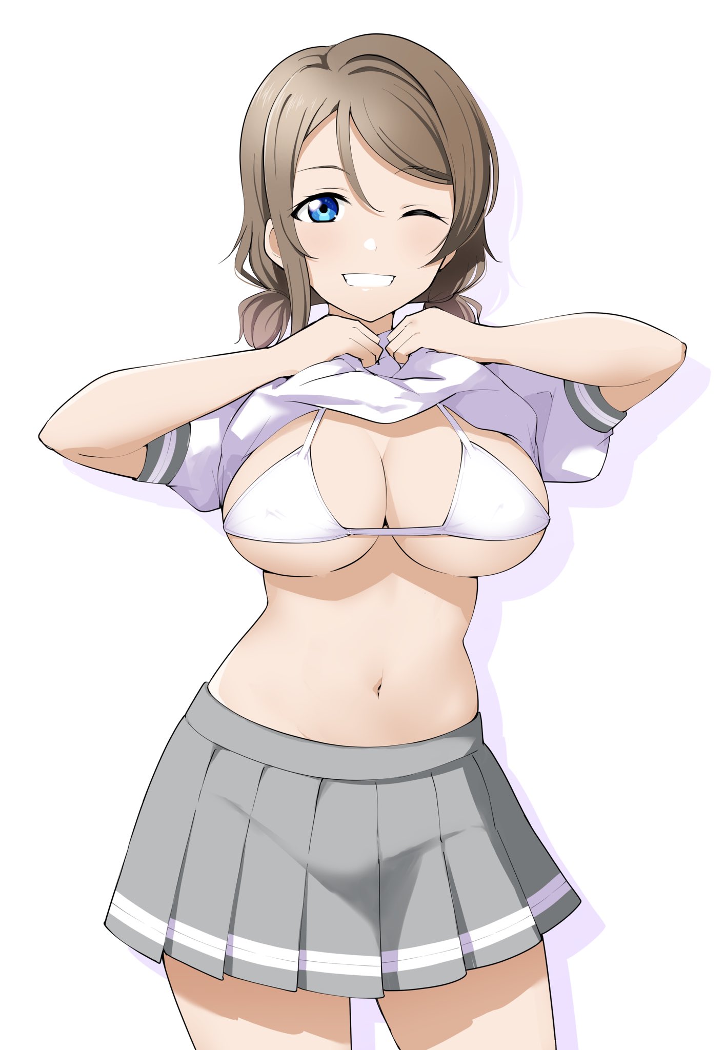 1girls, barkhorn0331, belly button, big breasts, bikini, bikini top, blue eyes, breasts, brunette, female, female only, flashing, hips, human, human only, looking at viewer, love live!, love live! sunshine!!, school uniform, shirt lift, skirt, tagme, thighs, watanabe you, white background, white bikini, white bikini top, wink, winking at viewer