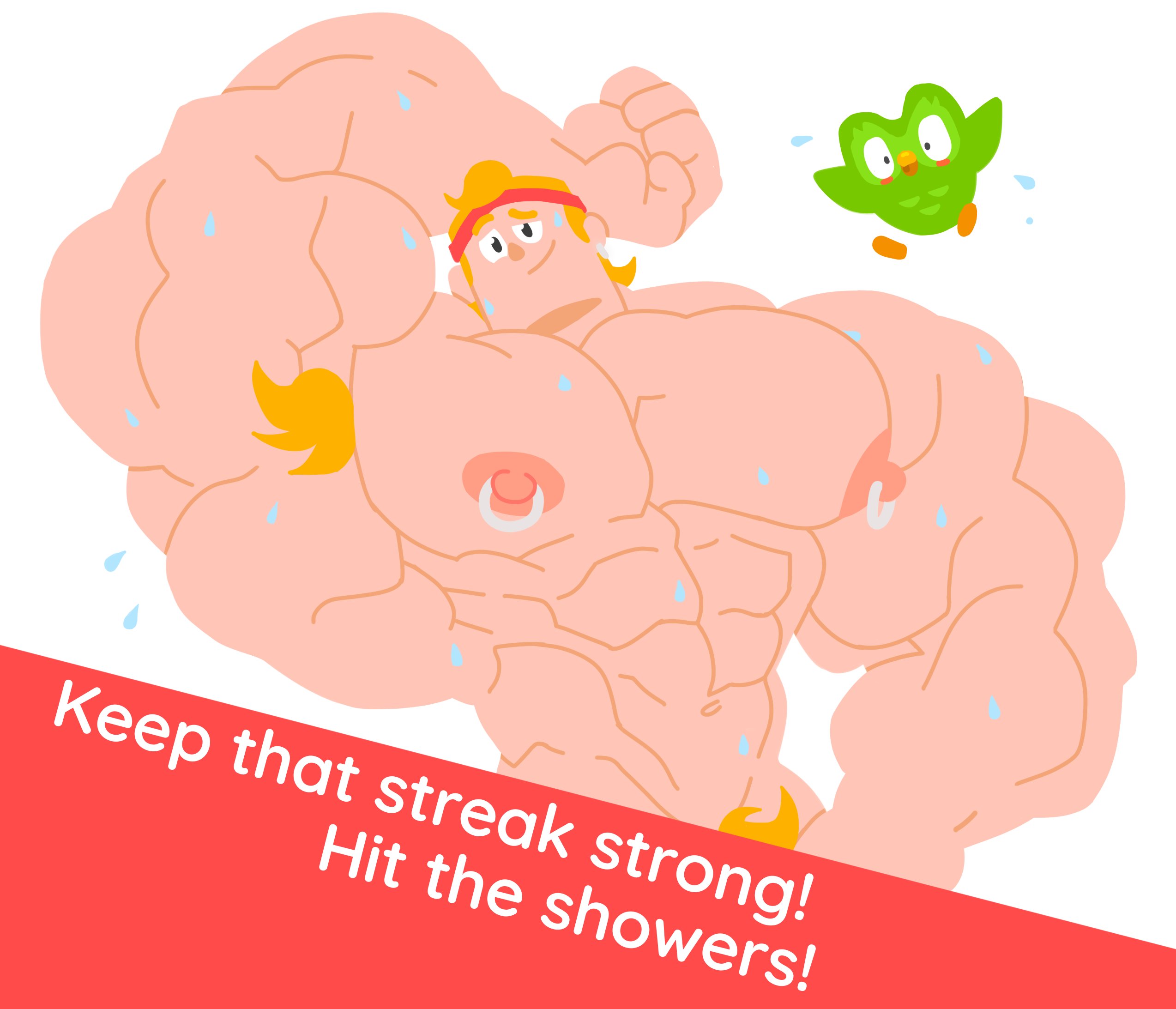 abs, armpit, armpit hair, bara, biceps, bird, bodybuilder, duolingo, eddy (duolingo), human, hyper muscles, male, male focus, male only, muscles, muscular, muscular arms, muscular back, muscular male, nipple piercing, nipples, nude, pierced nipples, piercing, pubic hair peek, remert, solo, solo male, sweat, sweating, sweaty, yaoi