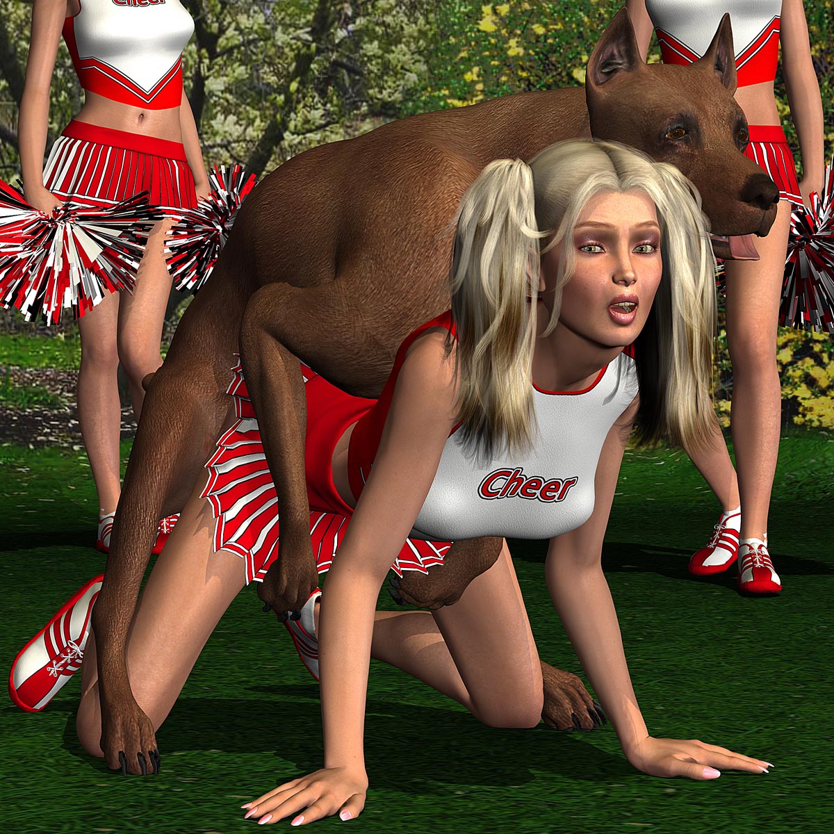 1animal, 1boy, 3d, 3girls, ambiguous penetration, blonde hair, brodymax, canine, cheerleader, clothed, clothed sex, doggy style, domestic dog, female, feral on female, feral on human, male, miniskirt, on grass, on ground, open mouth, pom poms, sex, shoes, standing, twintails, zoophilia
