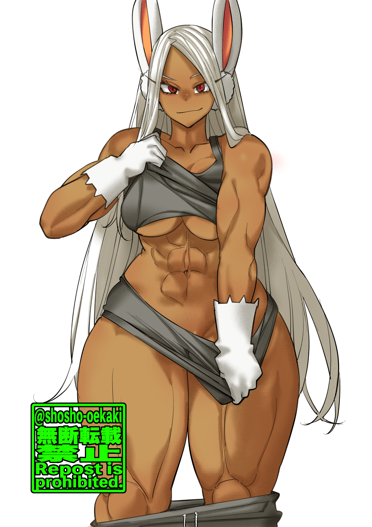1girls, abs, breasts, bunny ears, bunny tail, eye contact, female, female focus, female only, gloves, long hair, looking at viewer, miruko, muscular, muscular female, my hero academia, ponytail, red eyes, rumi usagiyama, shosho oekaki, solo, solo female, standing, thick thighs, thighs, undressing, voluptuous, white hair