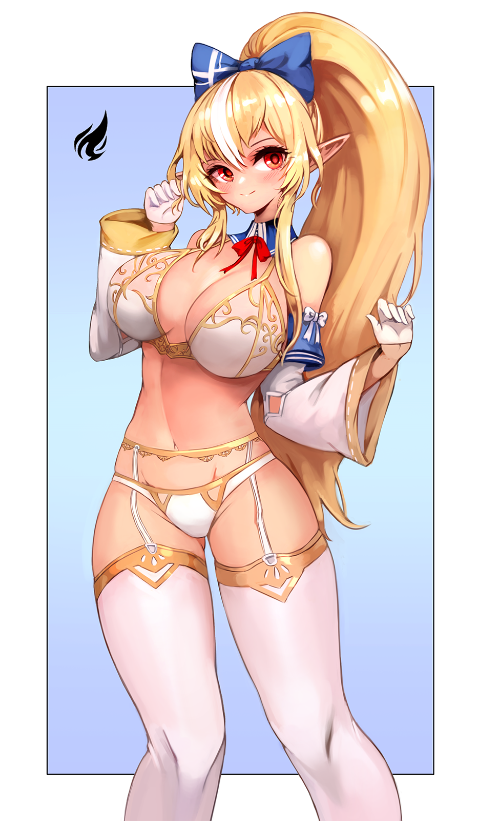 1girls 2022 blonde_hair blue_bow blush border bow bra breasts closed_mouth dark_elf detached_collar detached_sleeves elf feet_out_of_frame female female_focus female_only garter_belt garter_straps gloves gold_trim hairbow hand_up high_ponytail highres hololive hololive_fantasy hololive_japan large_breasts legwear lingerie long_hair looking_to_the_side neck_ribbon notte_(artist) panties pointy_ears red_eyes red_ribbon ribbon shiranui_flare slim_waist smile solo solo_female standing tan underwear virtual_youtuber white_border white_bra white_garter_belt white_garter_straps white_gloves white_legwear white_panties