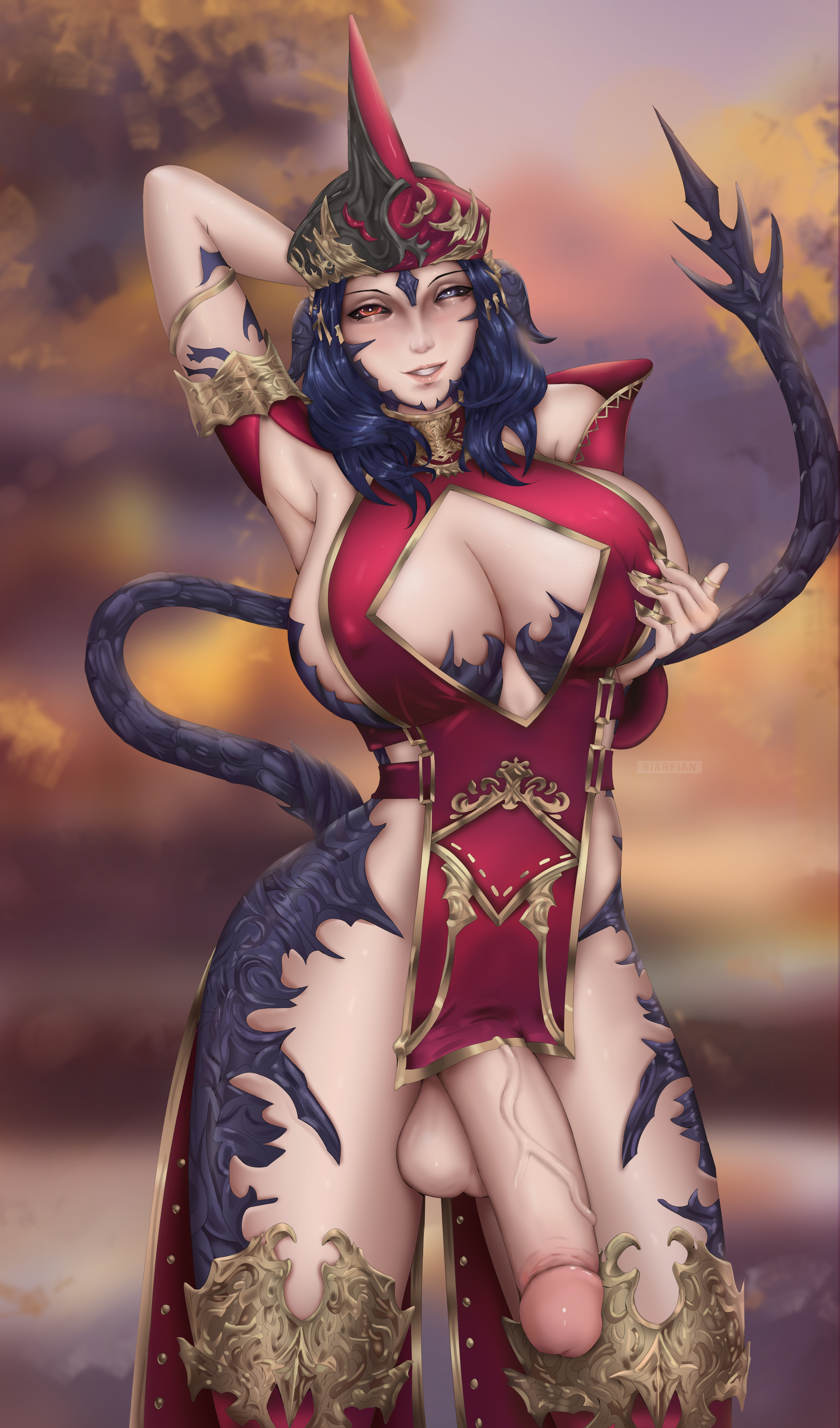 1futa, armpits, arms behind back, arms up, balls, balls under clothes, big balls, big breasts, big penis, blue eyes, blue hair, breasts, clothed, clothing, different eye color, final fantasy, final fantasy xiv, flaccid, flaccid penis, futa only, futanari, gold, gold (metal), grabbing own breast, hands behind head, humanoid, humanoid penis, intersex, light skin, light-skinned futa, massive penis, mostly nude, penis, penis out, penis under clothes, red eyes, riarfian, scales, sexy armpits, solo, solo futa, standing, tail, vein, veiny penis