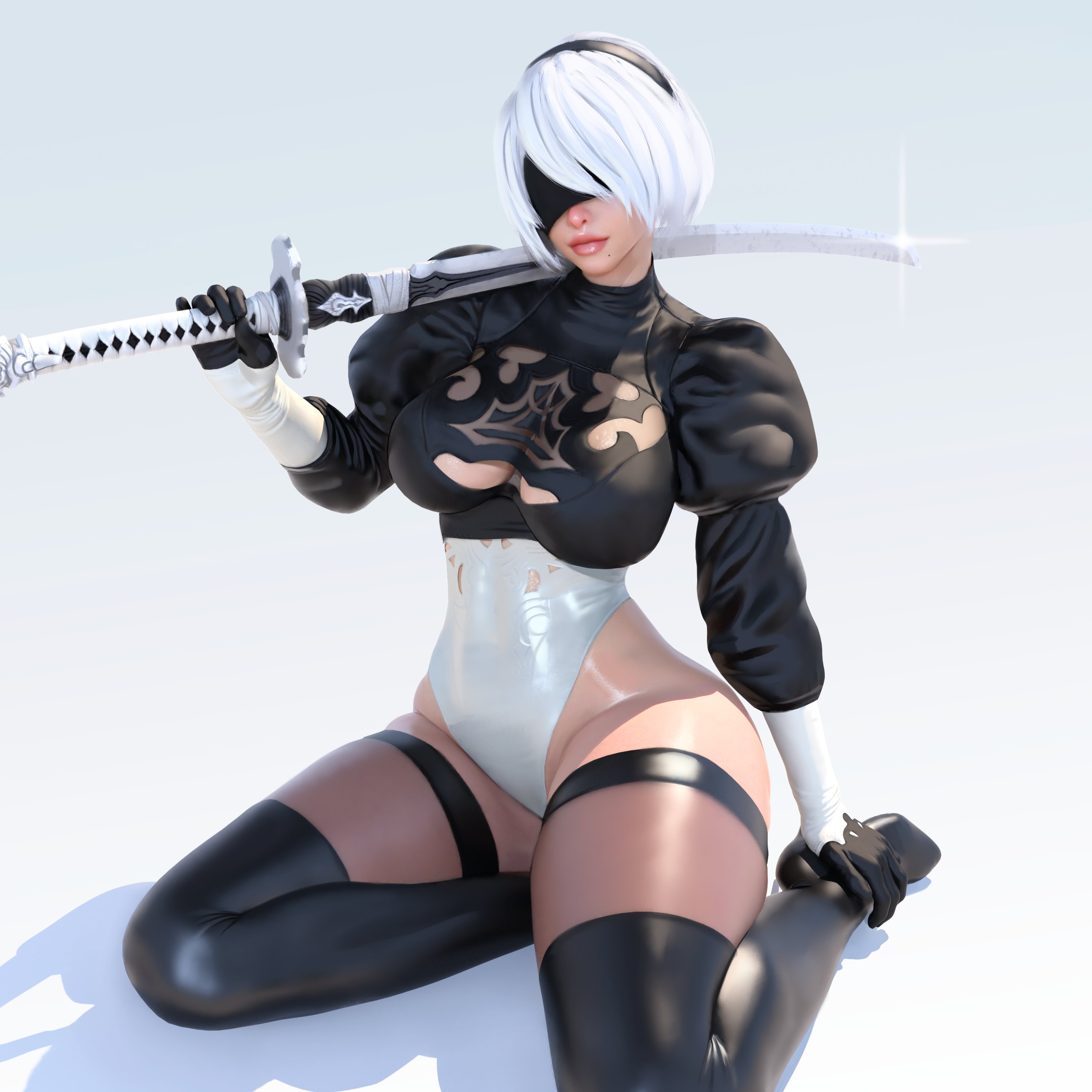 1girls, 3d, big breasts, breasts, female, female only, large breasts, nier, nier: automata, popogori, solo, thick thighs, thighhighs, yorha 2b