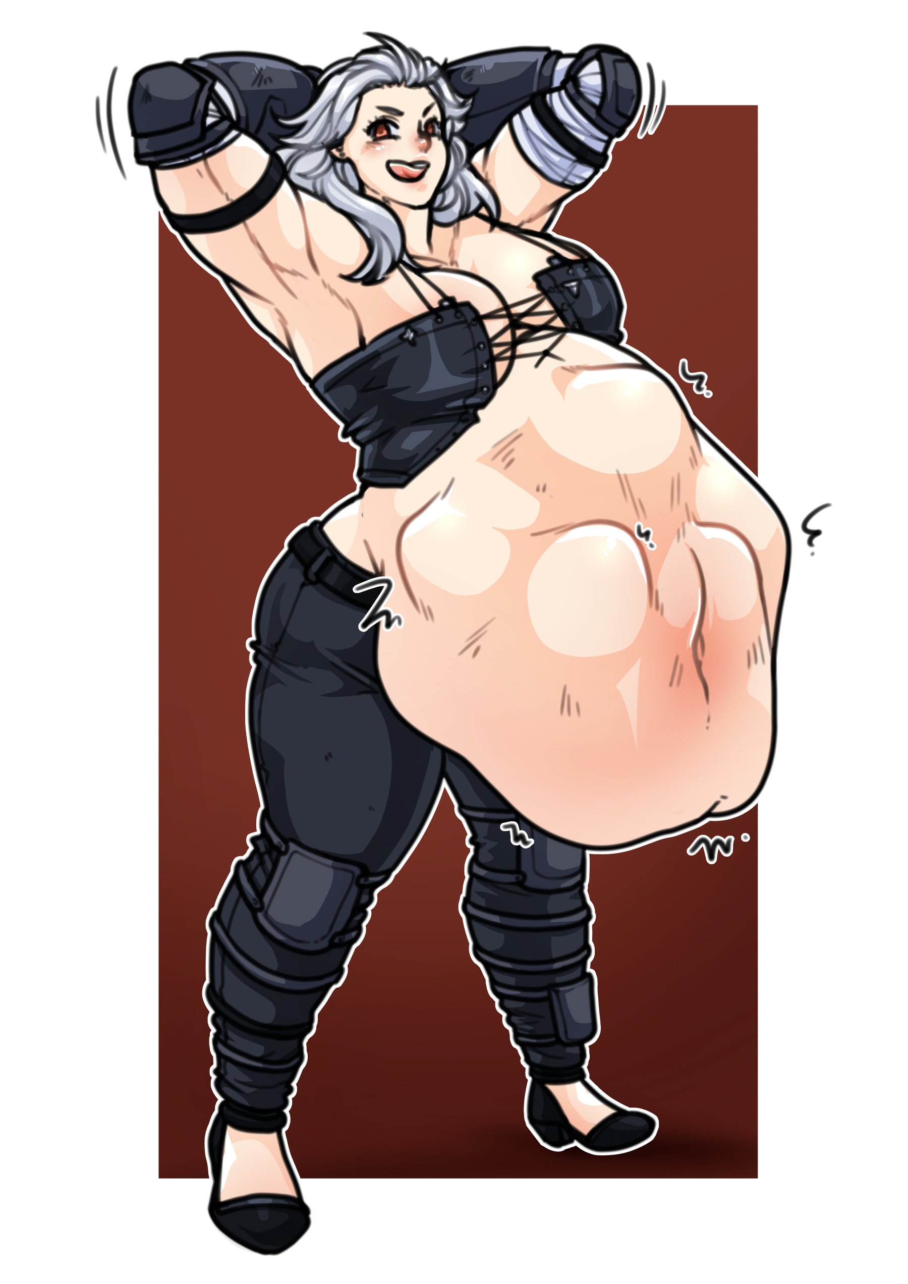 arms behind back, belly, big belly, big breasts, breasts, dorohedoro, ecchipandaa, female, large breasts, muscular, muscular female, noi (dorohedoro), same size vore, tongue, vore, white hair