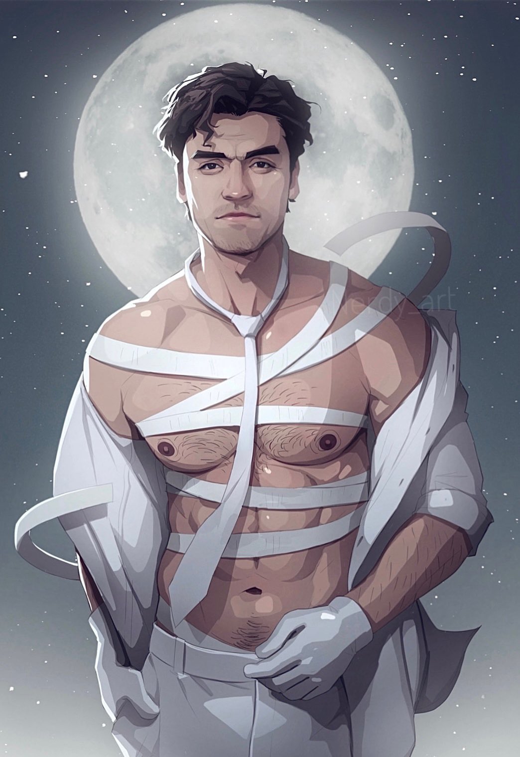 1boy 1male bara celebrity gloves jake_lockley latino male_only marc_spector marvel marvel_cinematic_universe marvel_comics moon_knight moon_knight_(series) muscles muscular muscular_male necktie nerdyart open_shirt oscar_issac solo_male steven_grant_(marvel) thick_eyebrows undressing white_gloves white_pants white_shirt