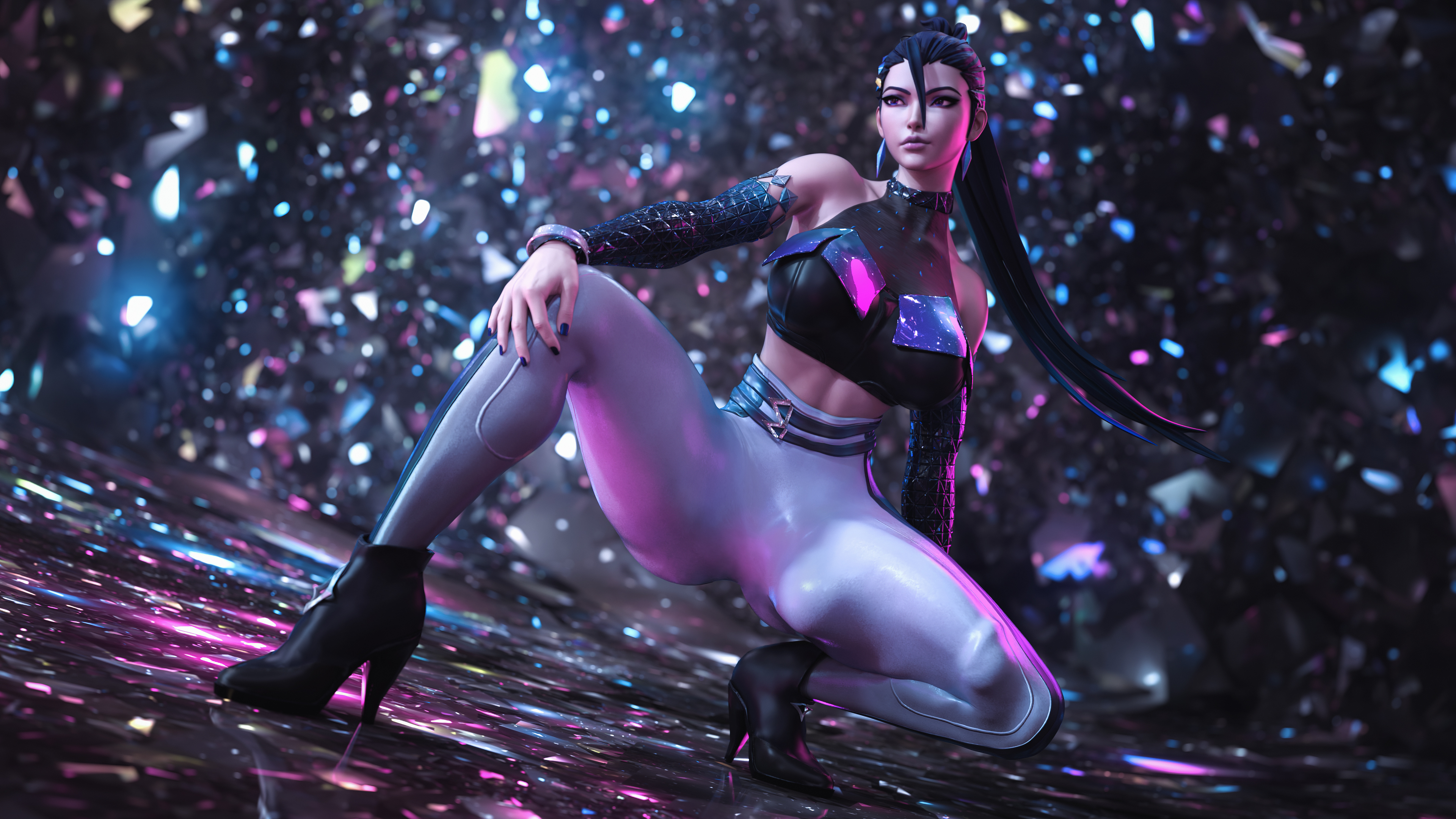 1futa, 3d, 4k, absurdres, alternate costume, bulge, cameltail, detailed bulge, erection, erection under clothes, futa only, futanari, highres, huge cock, intersex, k/da all out kai'sa, k/da all out series, kai'sa, league of legends, penis, penis under clothes, solo, spread legs, stevencarson